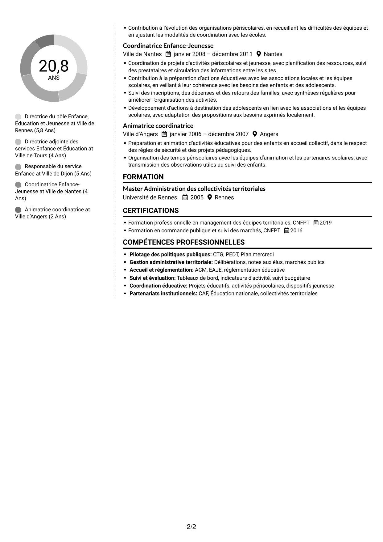 CV Moderne (format à deux colonnes avec photo à gauche et séparateur) : Directeur du pôle enfance-jeunesse-éducation, page 2