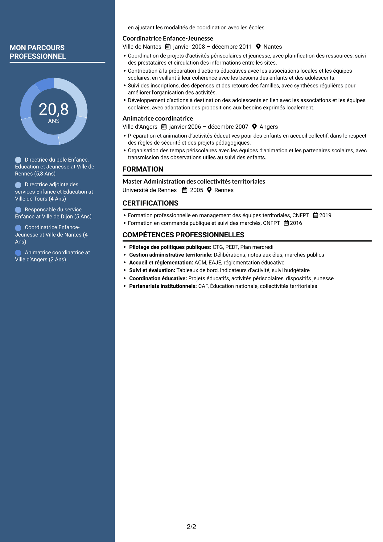 CV Signature (format à colonne latérale colorée avec grande photo) : Directeur du pôle enfance-jeunesse-éducation, page 2