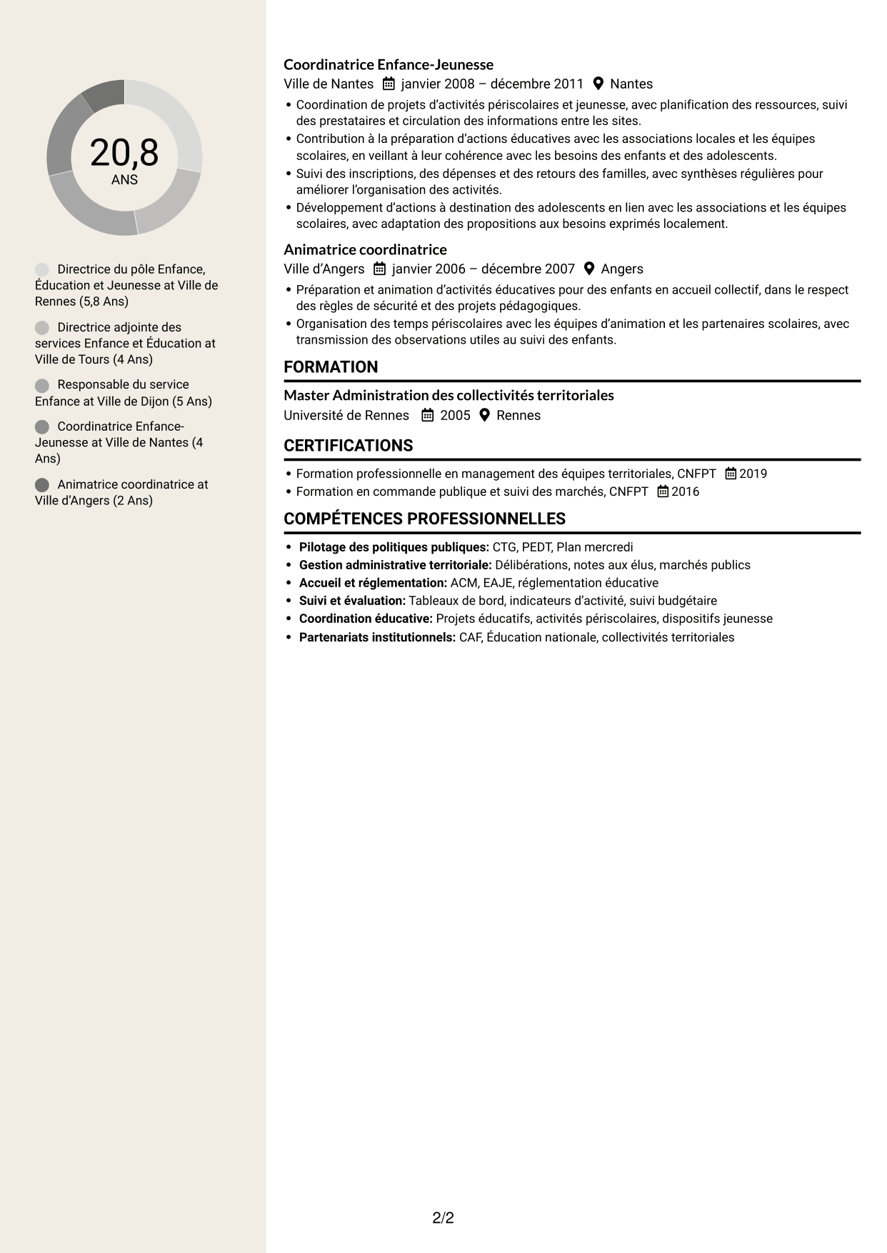 CV Fonceur (format à deux colonnes avec en-tête centré sans photo) : Directeur du pôle enfance-jeunesse-éducation, page 2