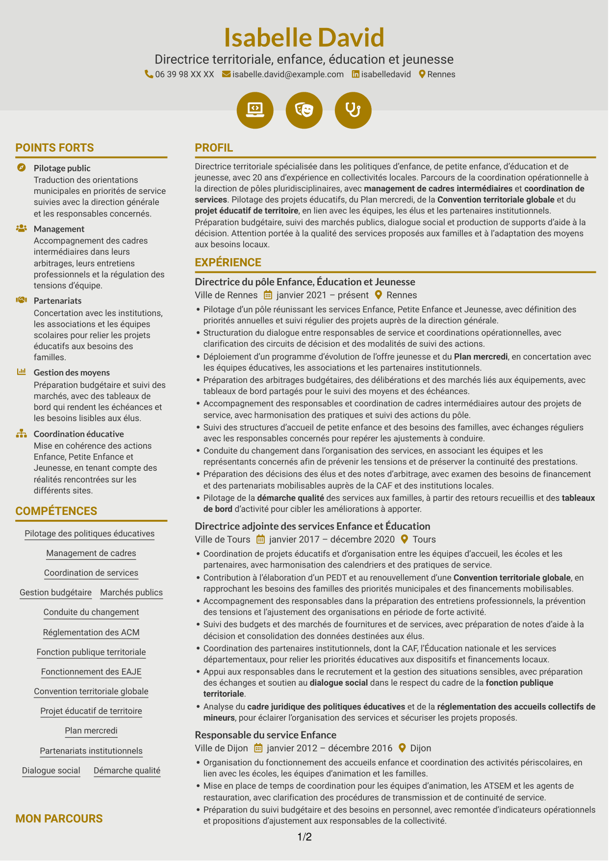 CV Dynamique (format à deux colonnes avec icônes) : Directeur du pôle enfance-jeunesse-éducation, page 1