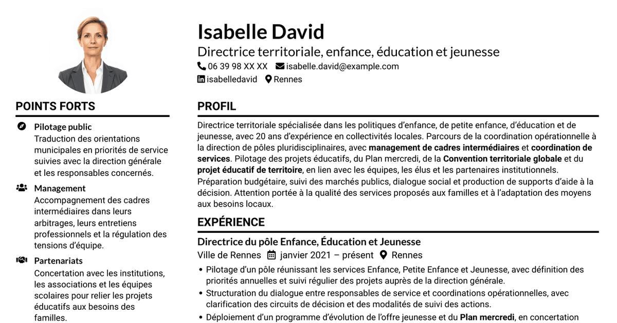 7 modèles de CV pour Directeur du pôle enfance-jeunesse-éducation, avec exemples