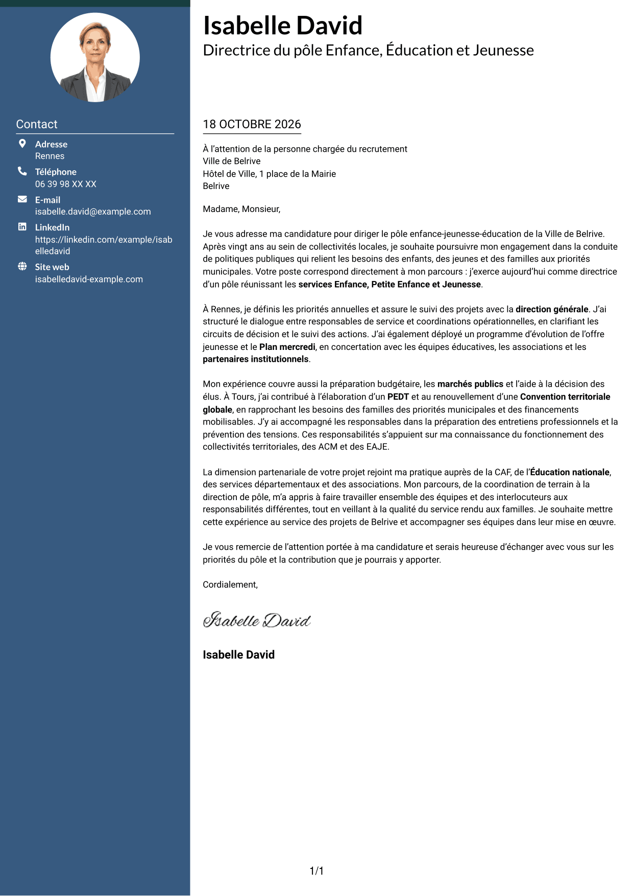 Lettre de motivation Élégant (format à colonne latérale colorée avec photo) : Directeur du pôle enfance-jeunesse-éducation, page 1