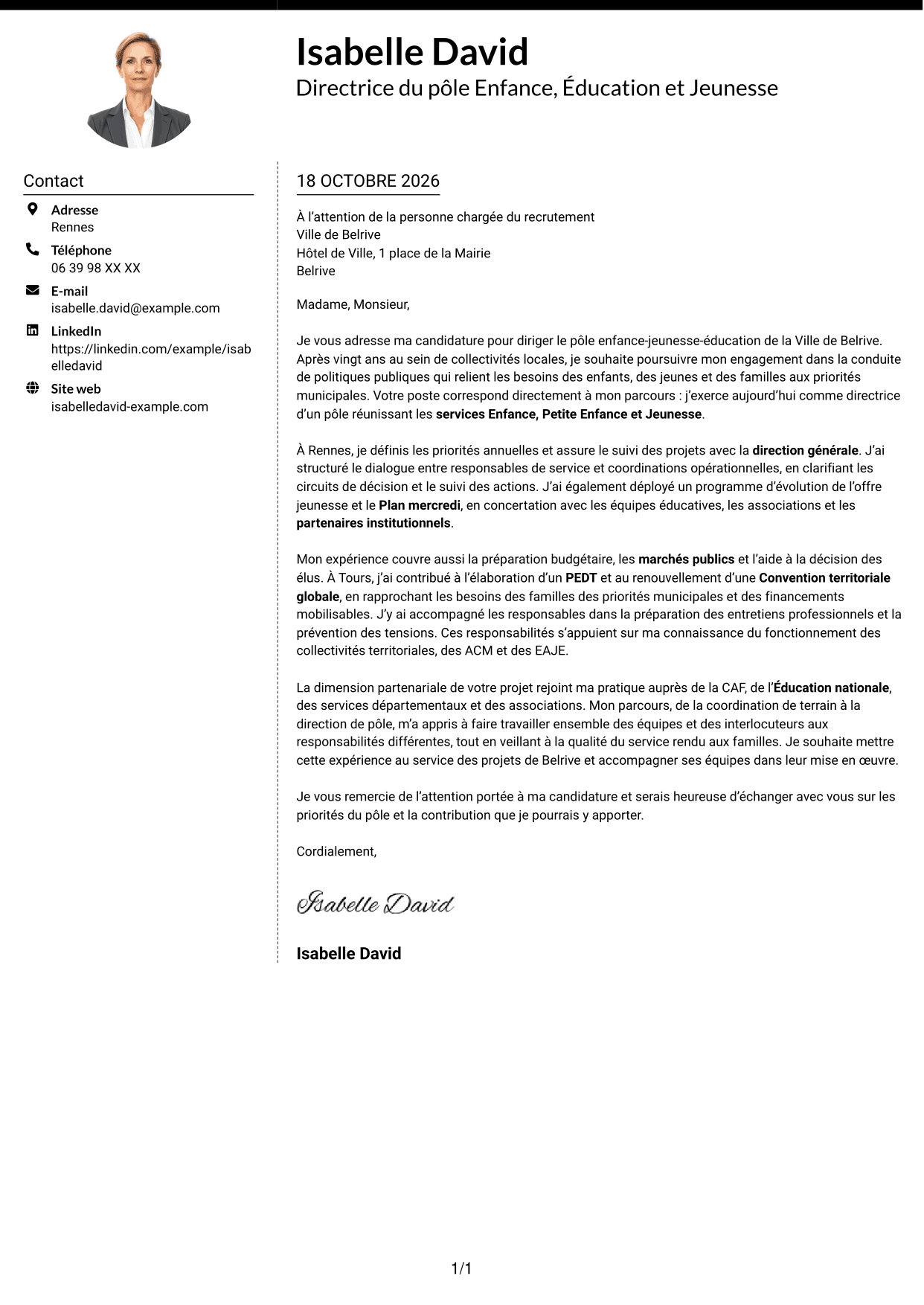 Lettre de motivation Moderne (format à deux colonnes avec photo à gauche et séparateur) : Directeur du pôle enfance-jeunesse-éducation, page 1