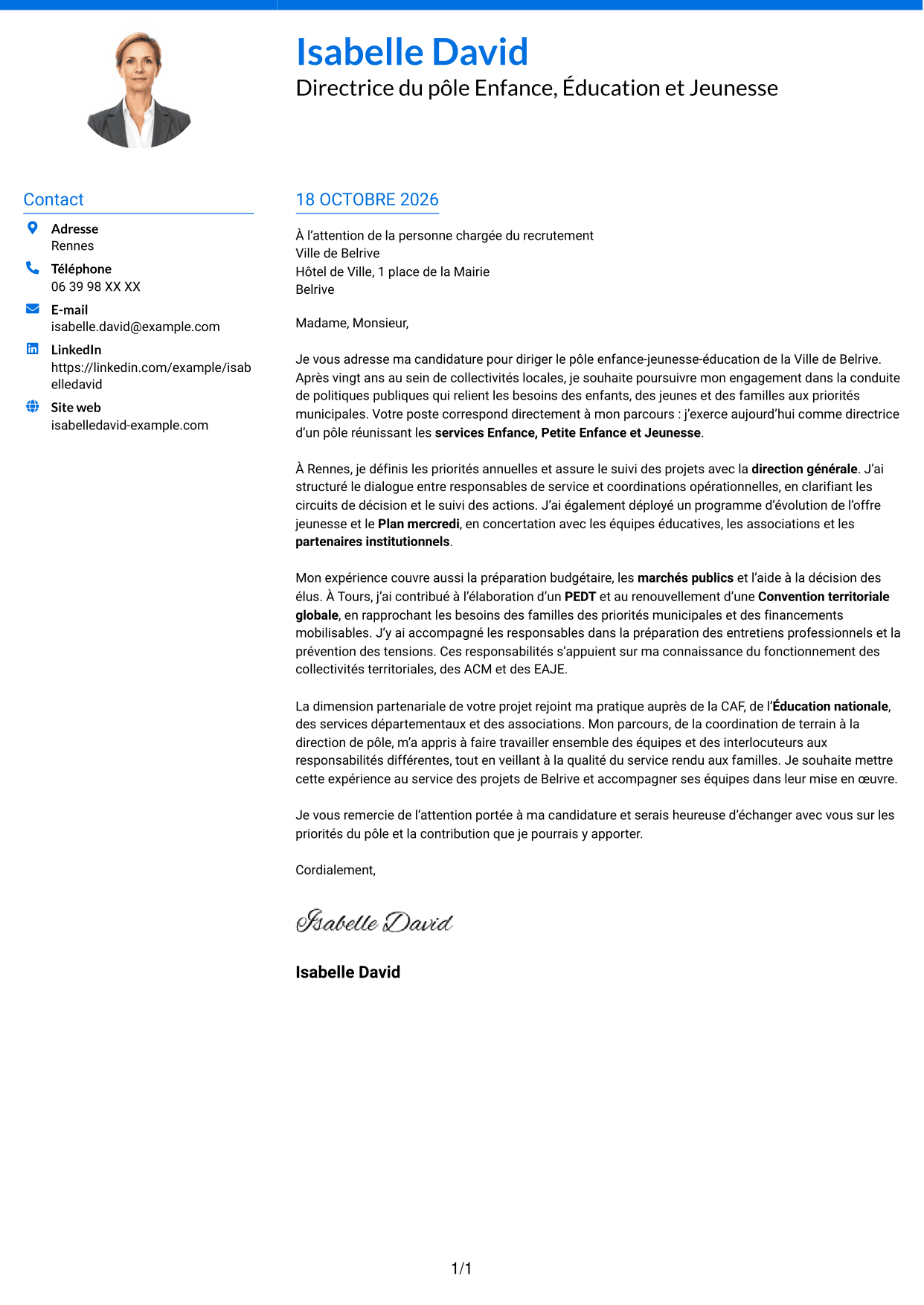Lettre de motivation Audacieux (format à deux colonnes avec accents colorés et photo) : Directeur du pôle enfance-jeunesse-éducation, page 1