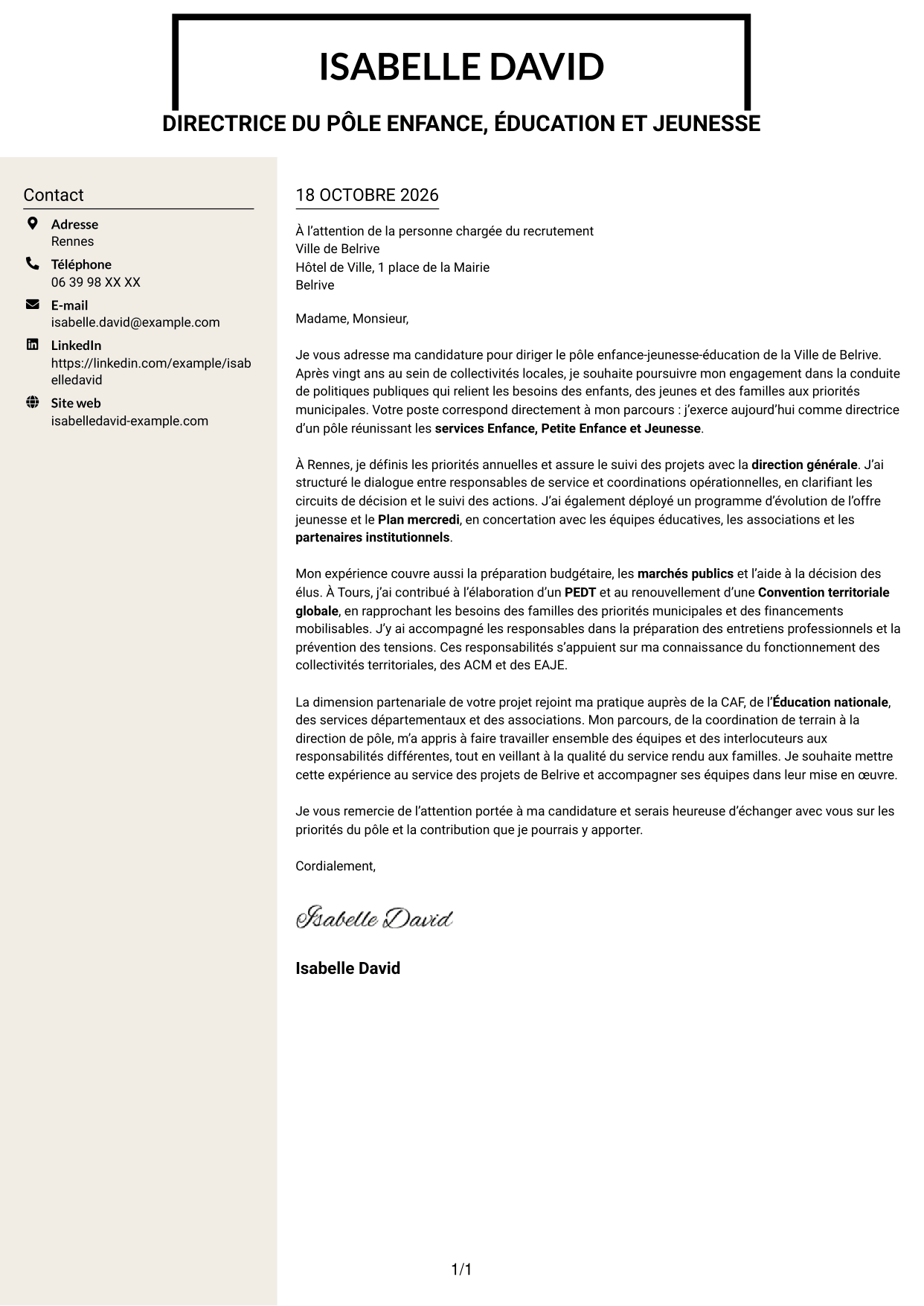 Lettre de motivation Fonceur (format à deux colonnes avec en-tête centré sans photo) : Directeur du pôle enfance-jeunesse-éducation, page 1