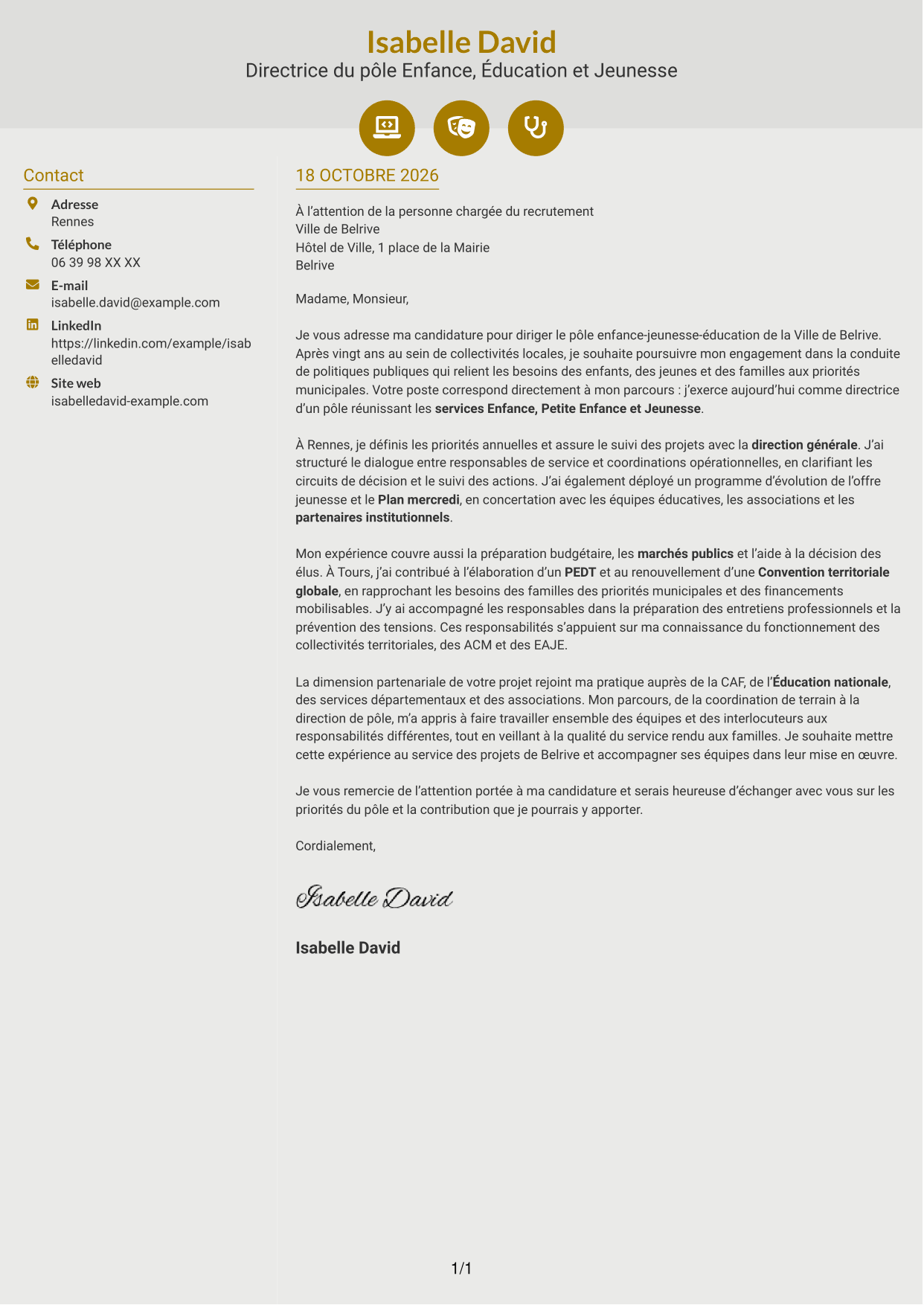 Lettre de motivation Dynamique (format à deux colonnes avec icônes) : Directeur du pôle enfance-jeunesse-éducation, page 1