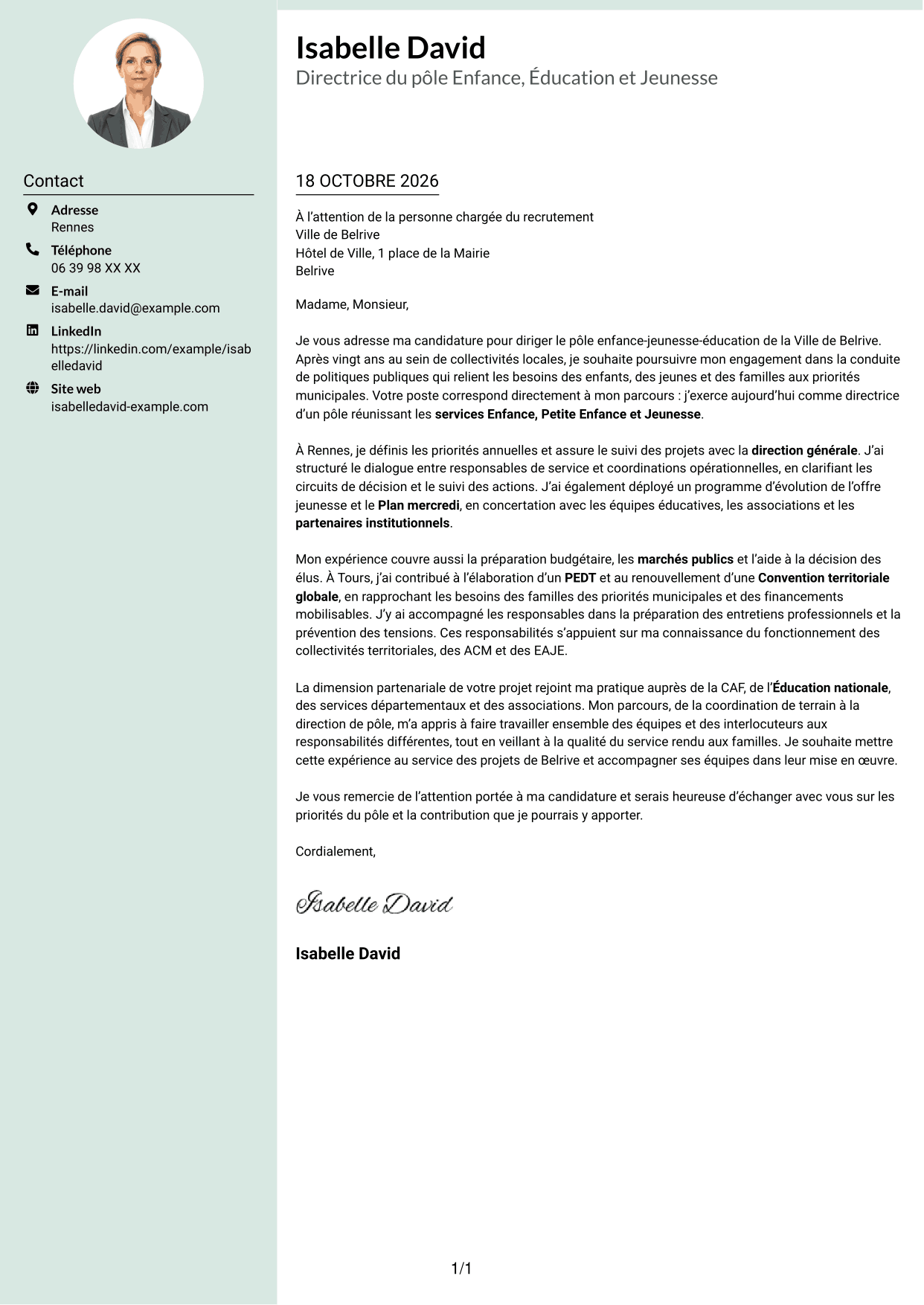 Lettre de motivation Cadre (format à colonne latérale douce avec photo arrondie) : Directeur du pôle enfance-jeunesse-éducation, page 1