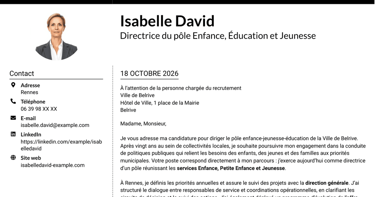7 modèles de lettre de motivation pour Directeur du pôle enfance-jeunesse-éducation, avec exemples