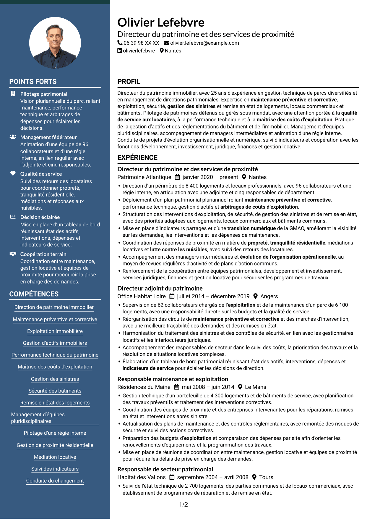 CV Élégant (format à colonne latérale colorée avec photo) : Directeur du Patrimoine et de la Proximité, page 1