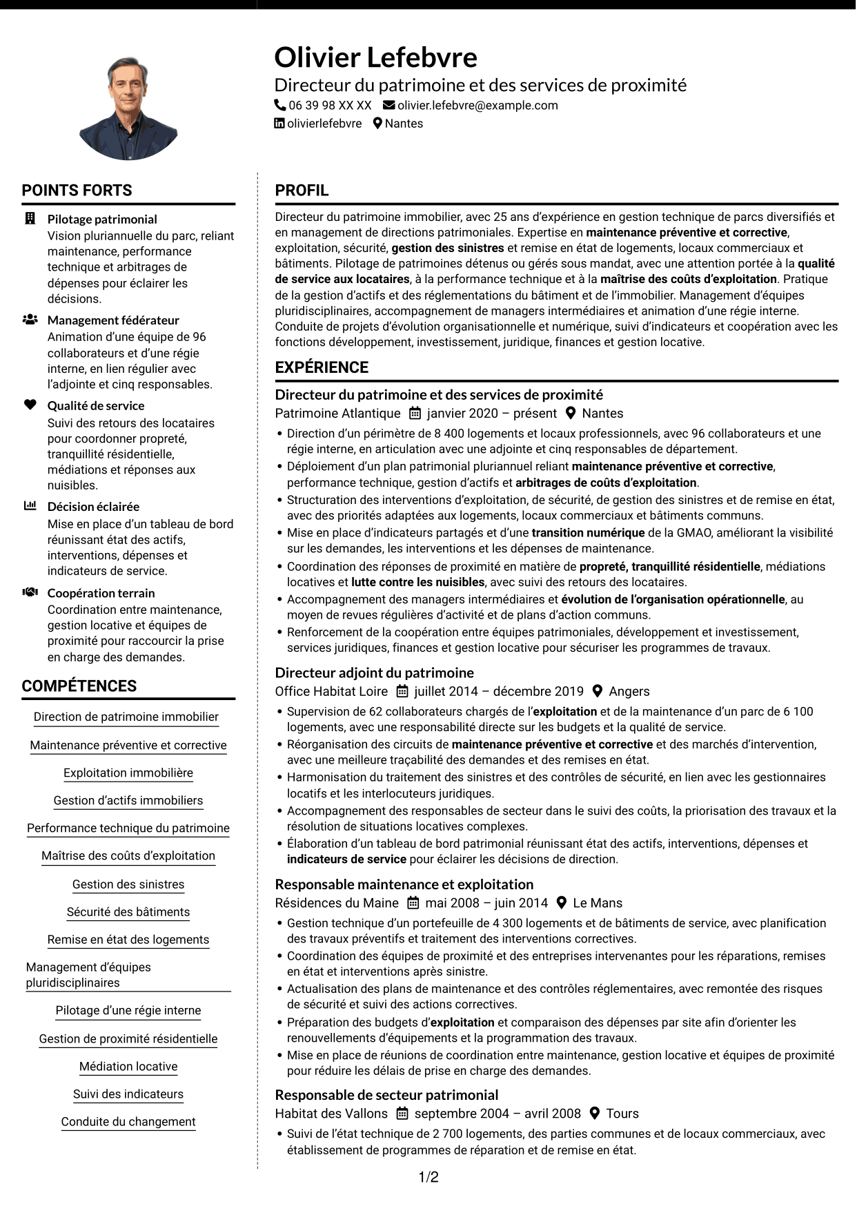 CV Moderne (format à deux colonnes avec photo à gauche et séparateur) : Directeur du Patrimoine et de la Proximité, page 1