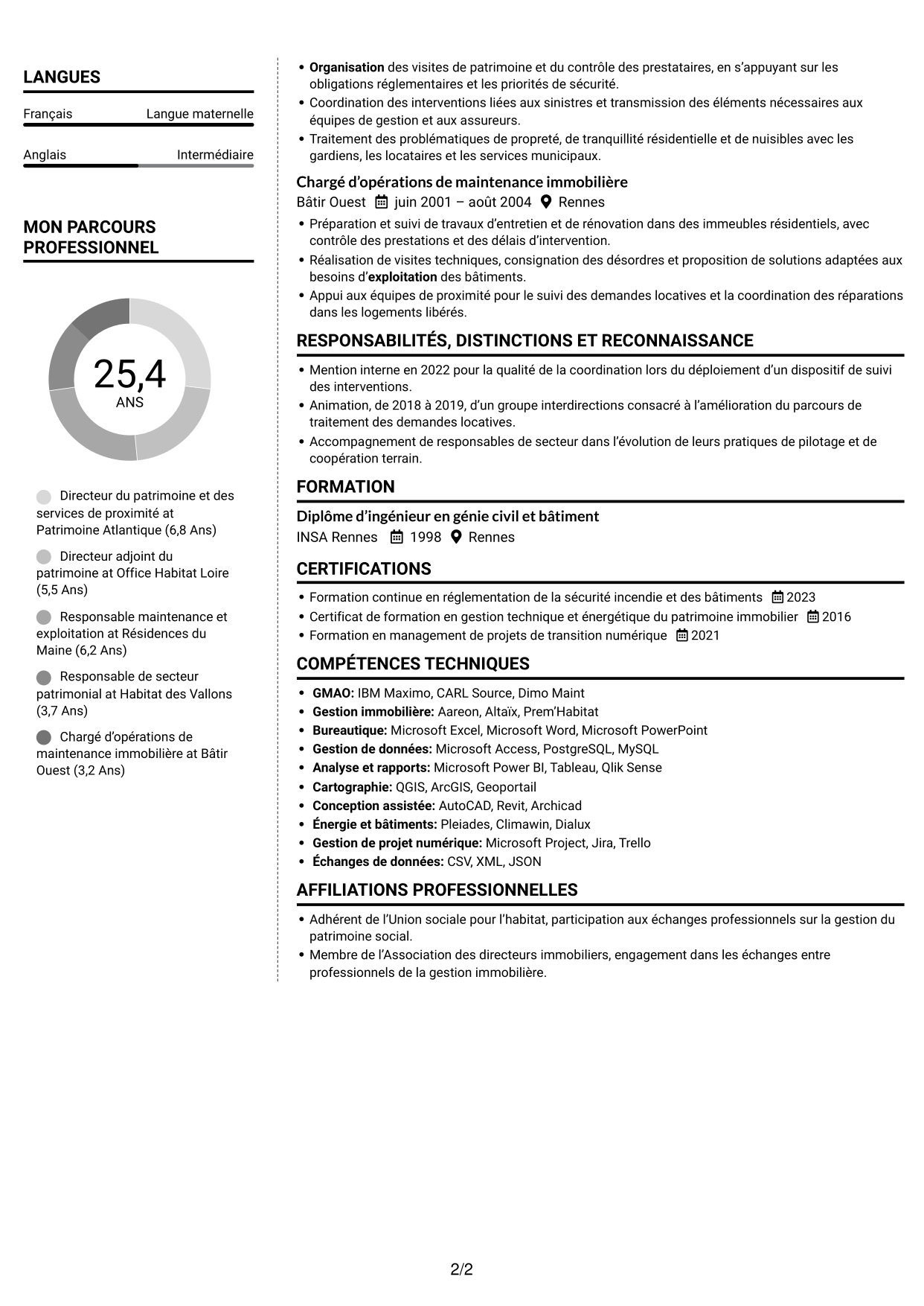 CV Moderne (format à deux colonnes avec photo à gauche et séparateur) : Directeur du Patrimoine et de la Proximité, page 2