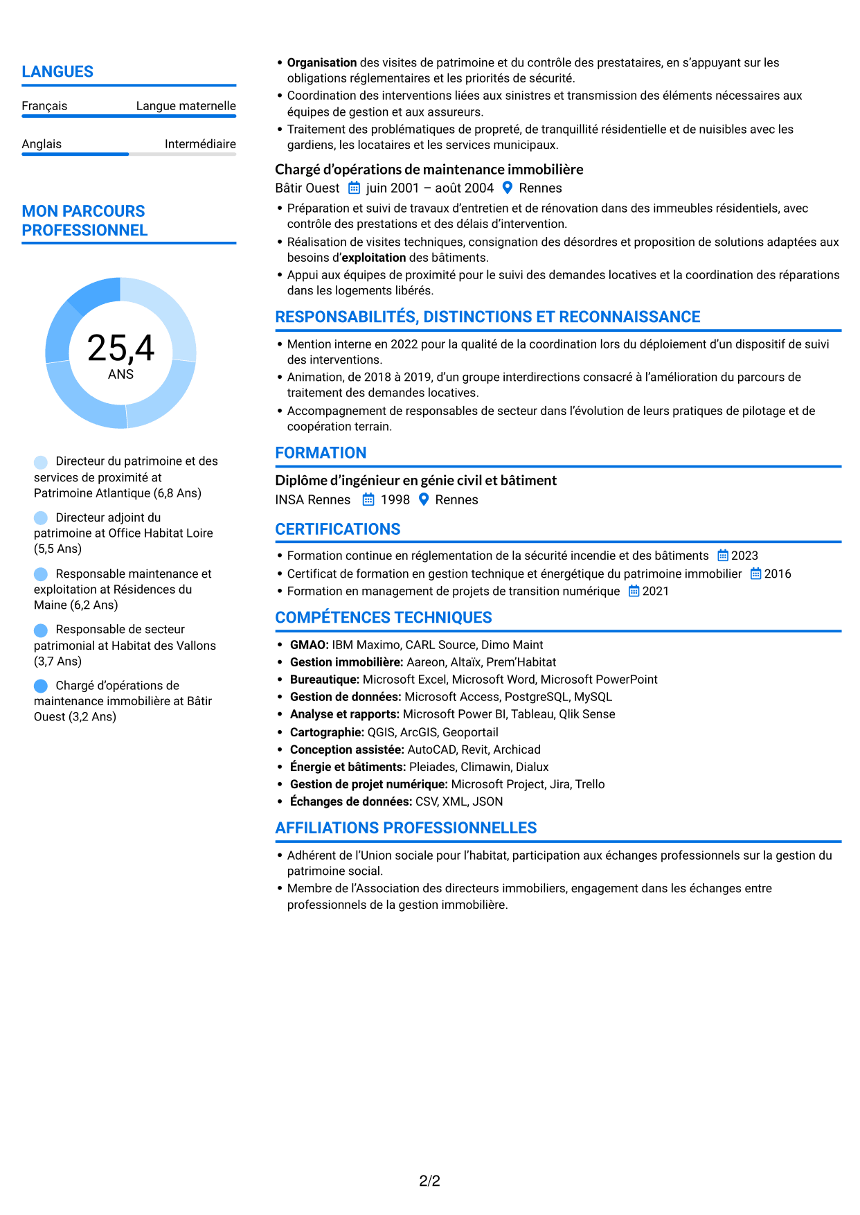 CV Audacieux (format à deux colonnes avec accents colorés et photo) : Directeur du Patrimoine et de la Proximité, page 2