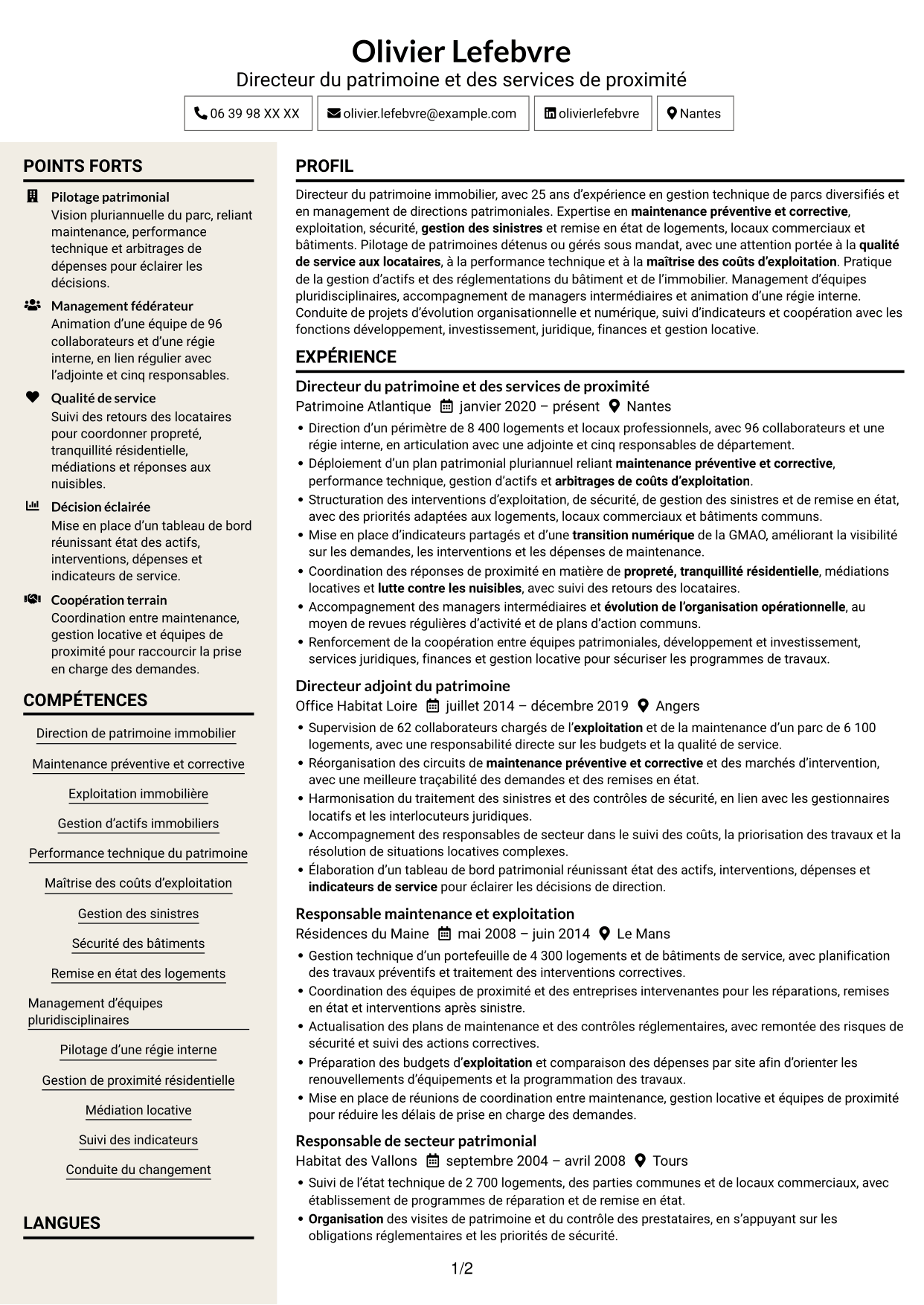 CV Fonceur (format à deux colonnes avec en-tête centré sans photo) : Directeur du Patrimoine et de la Proximité, page 1