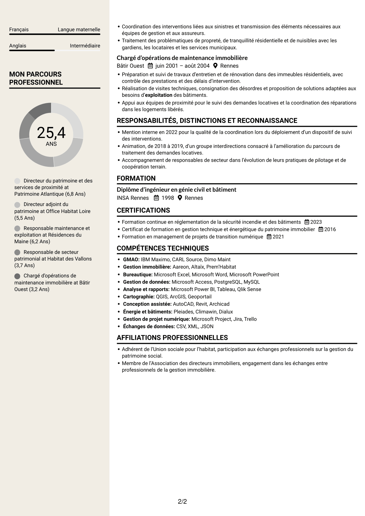 CV Fonceur (format à deux colonnes avec en-tête centré sans photo) : Directeur du Patrimoine et de la Proximité, page 2