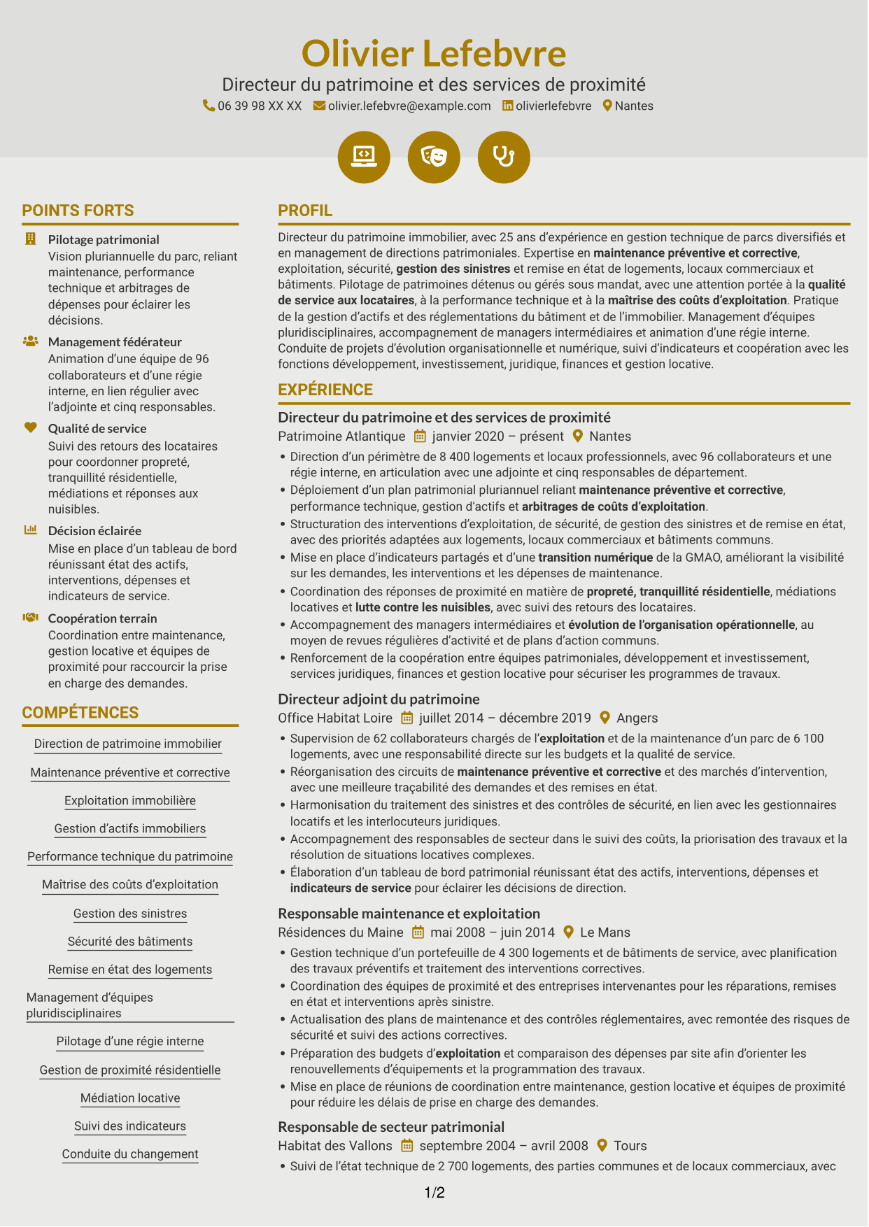 CV Dynamique (format à deux colonnes avec icônes) : Directeur du Patrimoine et de la Proximité, page 1