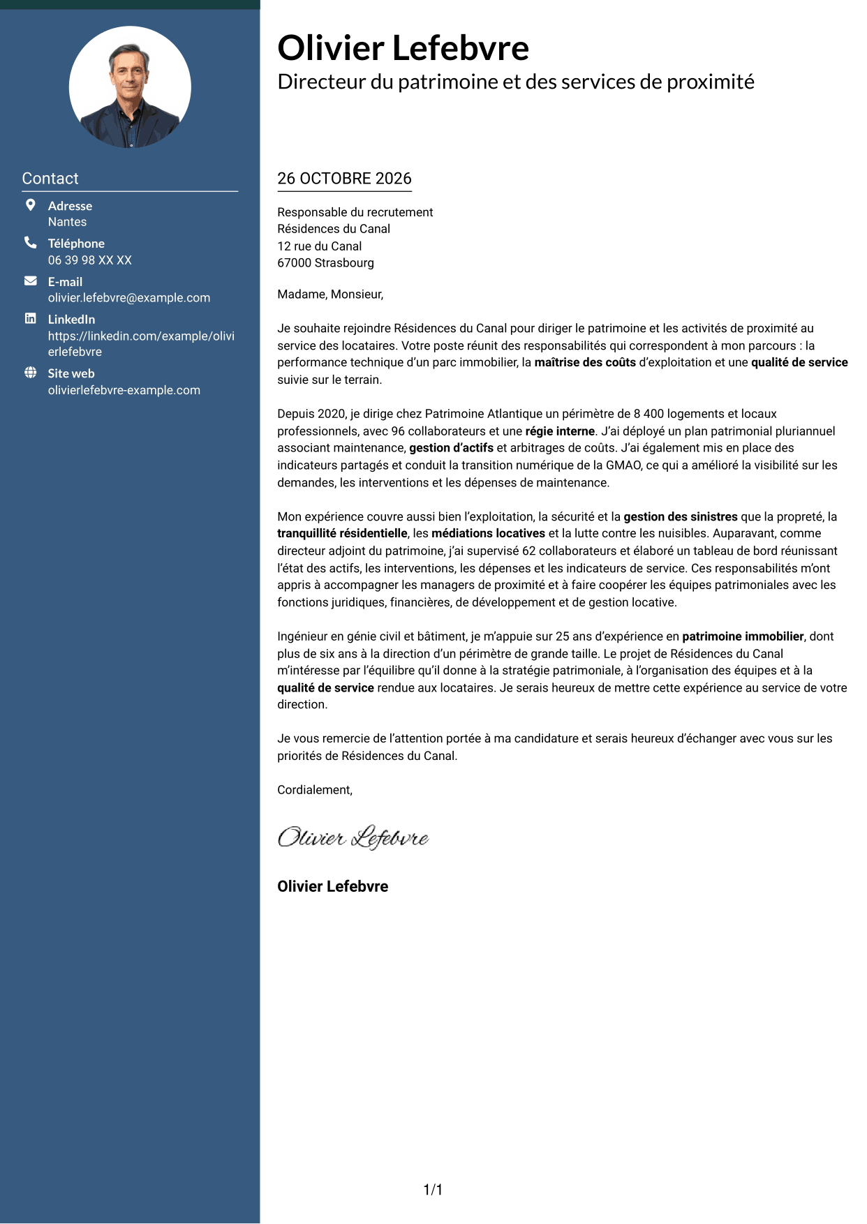 Lettre de motivation Élégant (format à colonne latérale colorée avec photo) : Directeur du Patrimoine et de la Proximité, page 1