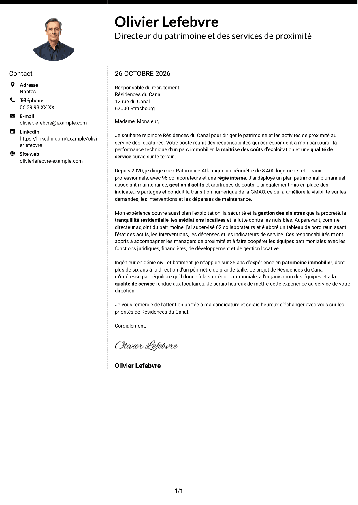 Lettre de motivation Moderne (format à deux colonnes avec photo à gauche et séparateur) : Directeur du Patrimoine et de la Proximité, page 1