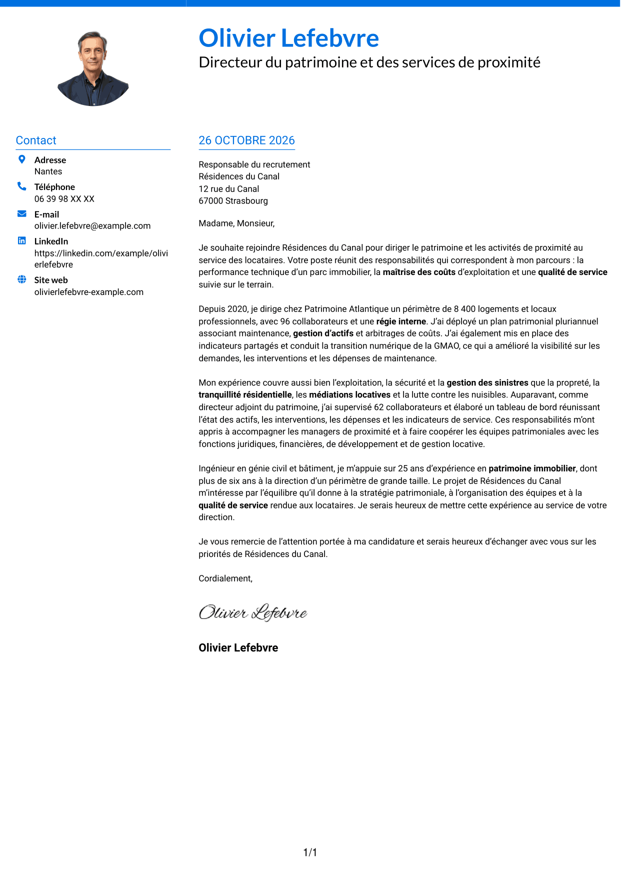 Lettre de motivation Audacieux (format à deux colonnes avec accents colorés et photo) : Directeur du Patrimoine et de la Proximité, page 1