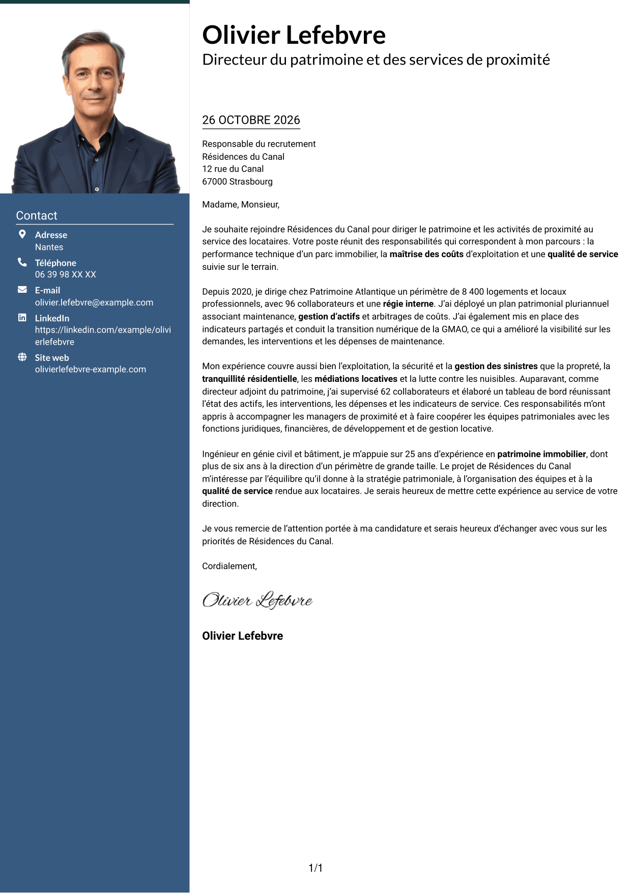 Lettre de motivation Signature (format à colonne latérale colorée avec grande photo) : Directeur du Patrimoine et de la Proximité, page 1