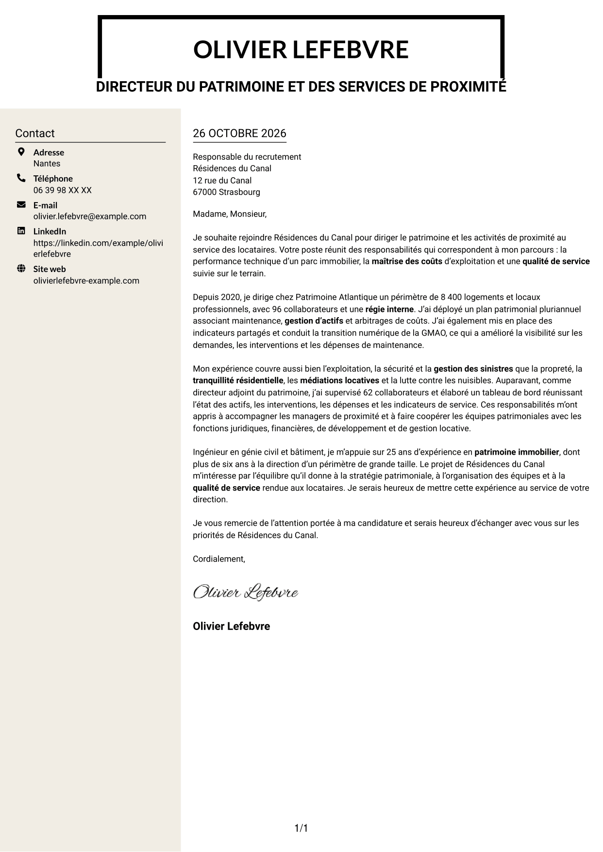 Lettre de motivation Fonceur (format à deux colonnes avec en-tête centré sans photo) : Directeur du Patrimoine et de la Proximité, page 1