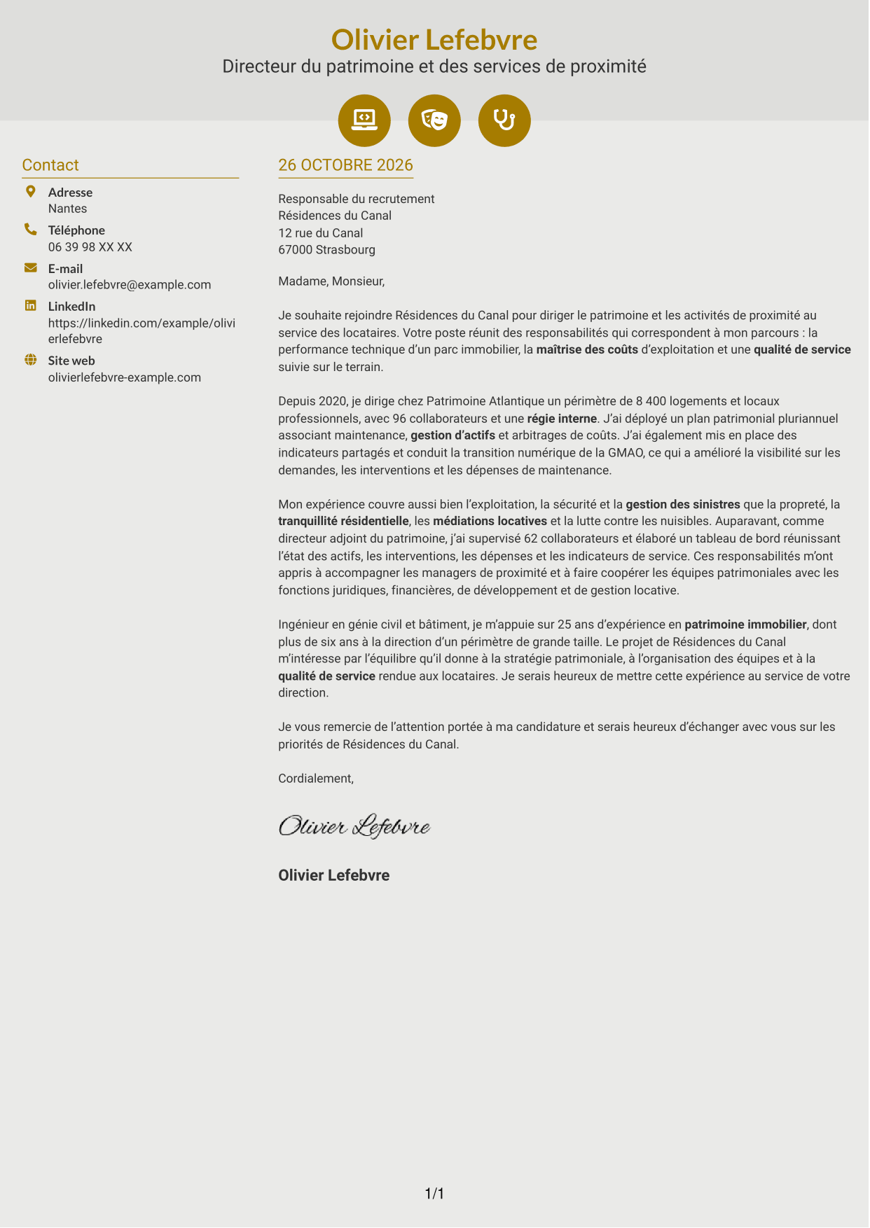 Lettre de motivation Dynamique (format à deux colonnes avec icônes) : Directeur du Patrimoine et de la Proximité, page 1
