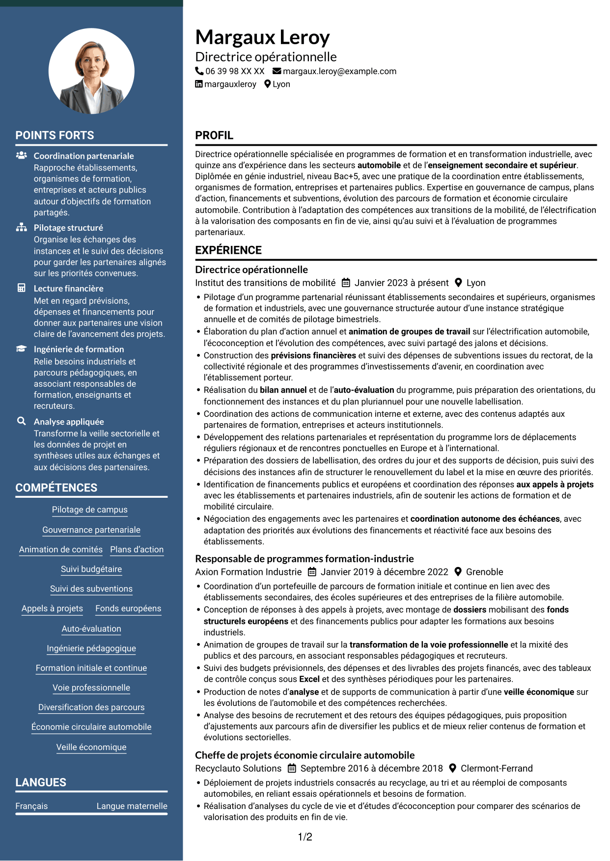 CV Élégant (format à colonne latérale colorée avec photo) : Directeur opérationnel - Formation et mobilité circulaire, page 1