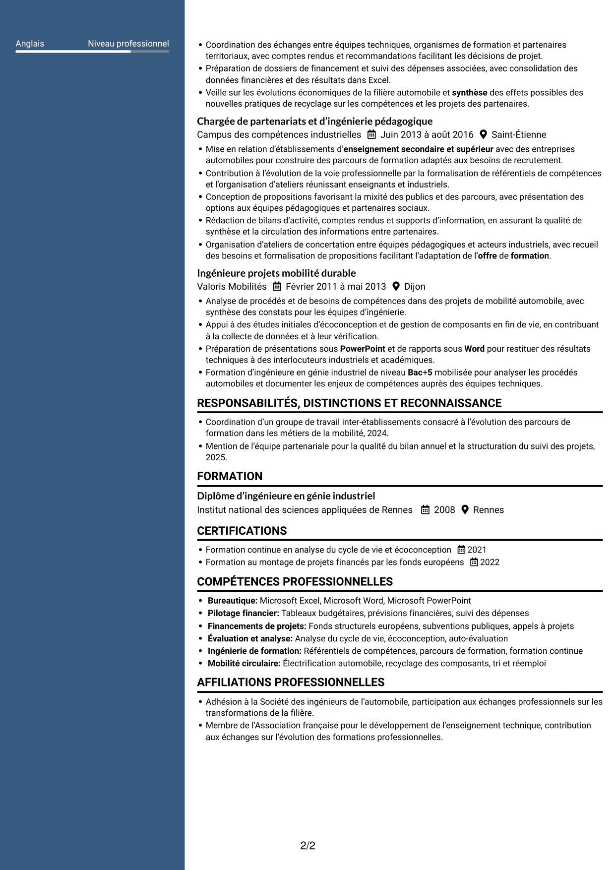 CV Élégant (format à colonne latérale colorée avec photo) : Directeur opérationnel - Formation et mobilité circulaire, page 2