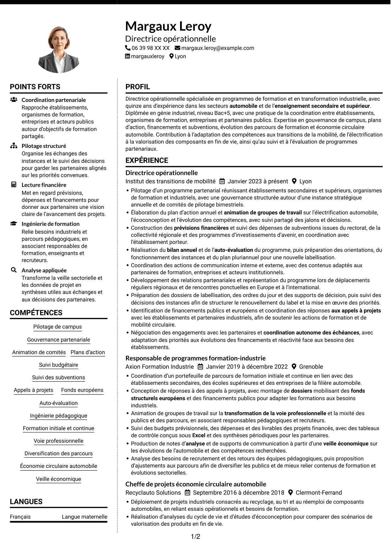 CV Moderne (format à deux colonnes avec photo à gauche et séparateur) : Directeur opérationnel - Formation et mobilité circulaire, page 1