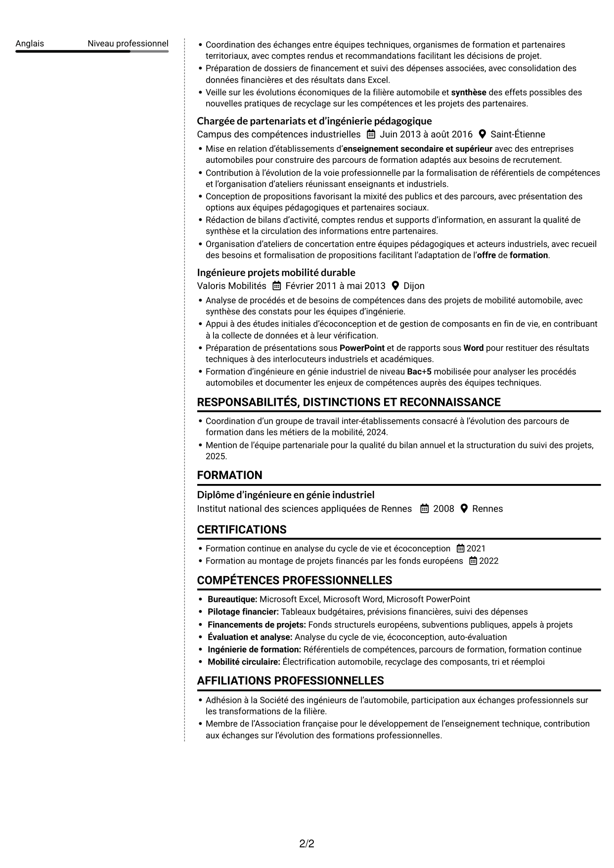 CV Moderne (format à deux colonnes avec photo à gauche et séparateur) : Directeur opérationnel - Formation et mobilité circulaire, page 2