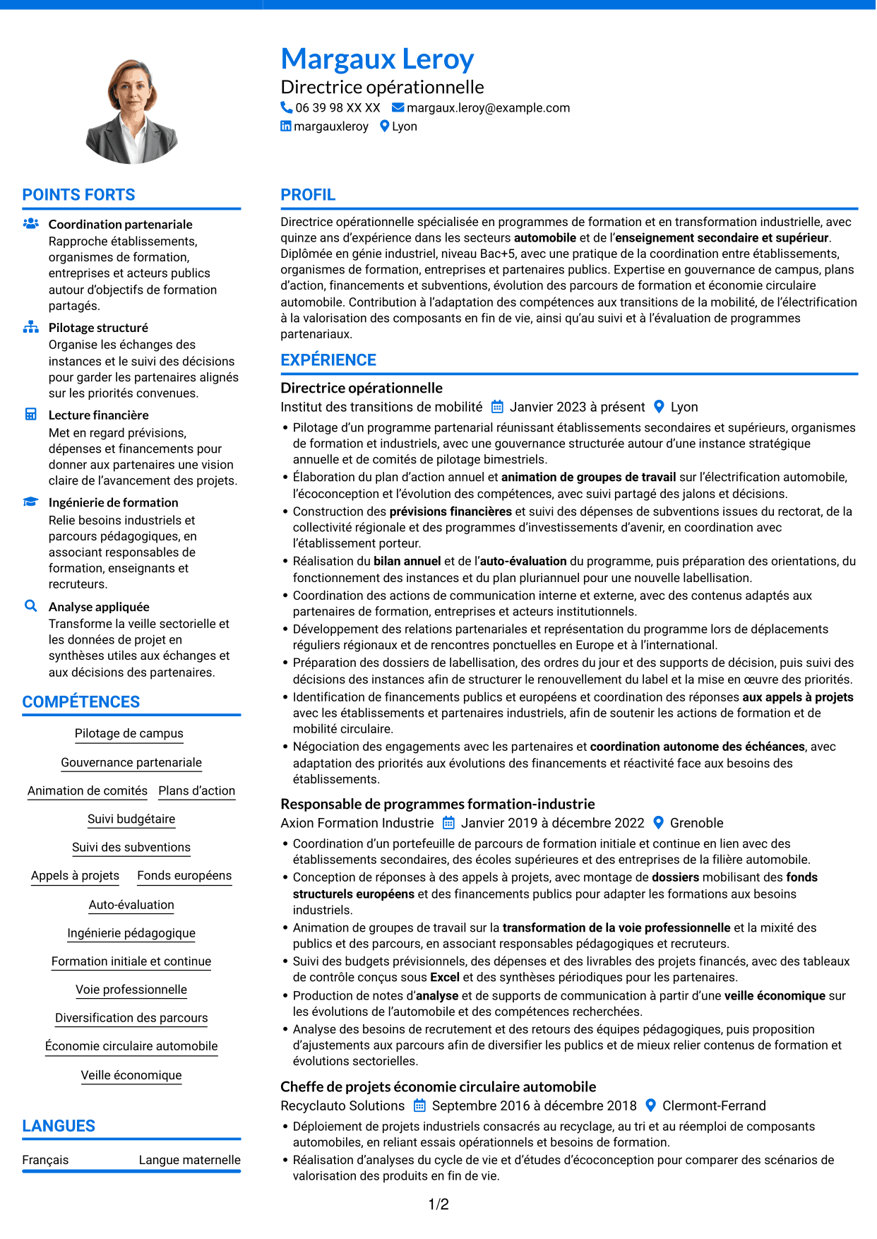 CV Audacieux (format à deux colonnes avec accents colorés et photo) : Directeur opérationnel - Formation et mobilité circulaire, page 1