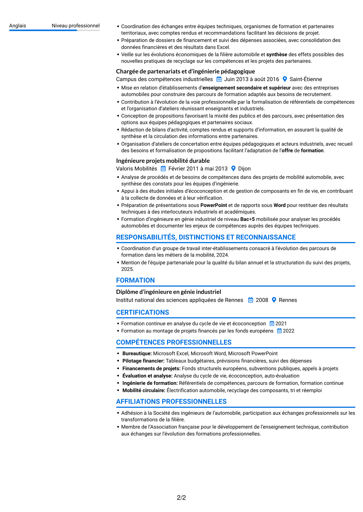 CV Audacieux (format à deux colonnes avec accents colorés et photo) : Directeur opérationnel - Formation et mobilité circulaire, page 2