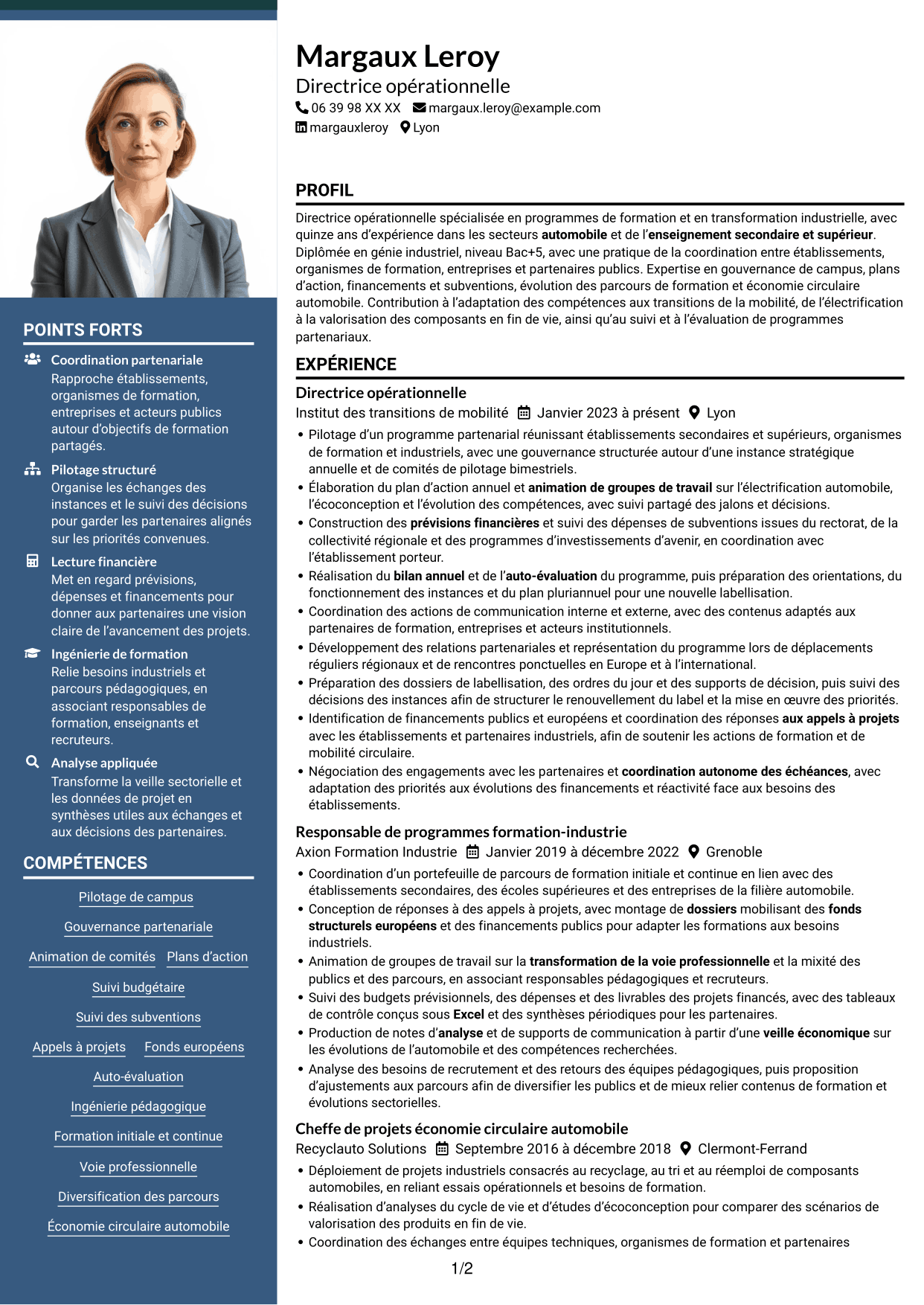 CV Signature (format à colonne latérale colorée avec grande photo) : Directeur opérationnel - Formation et mobilité circulaire, page 1