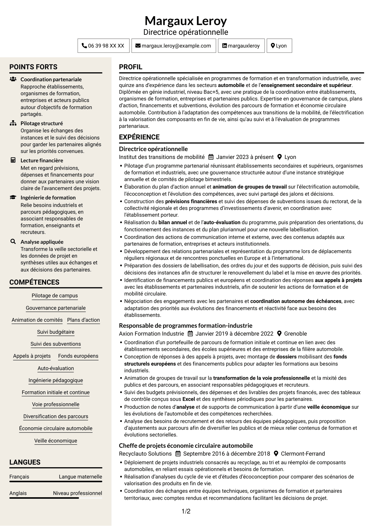 CV Fonceur (format à deux colonnes avec en-tête centré sans photo) : Directeur opérationnel - Formation et mobilité circulaire, page 1