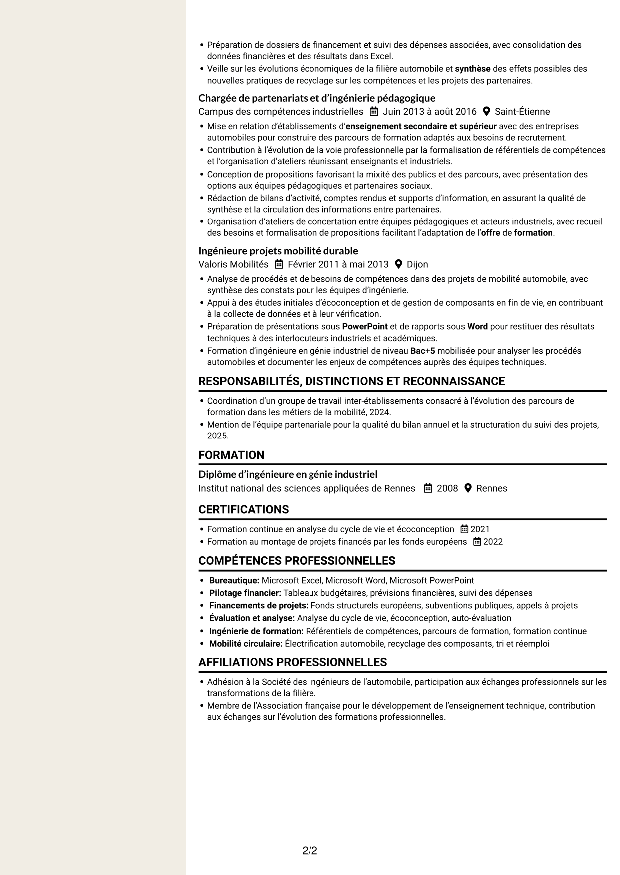CV Fonceur (format à deux colonnes avec en-tête centré sans photo) : Directeur opérationnel - Formation et mobilité circulaire, page 2