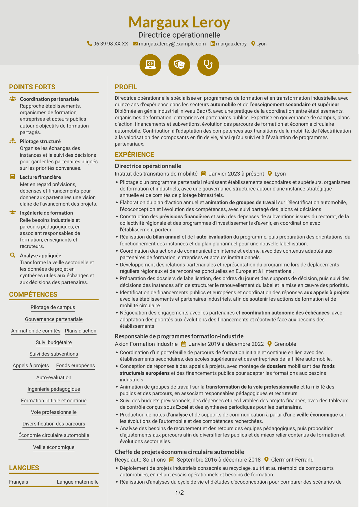 CV Dynamique (format à deux colonnes avec icônes) : Directeur opérationnel - Formation et mobilité circulaire, page 1