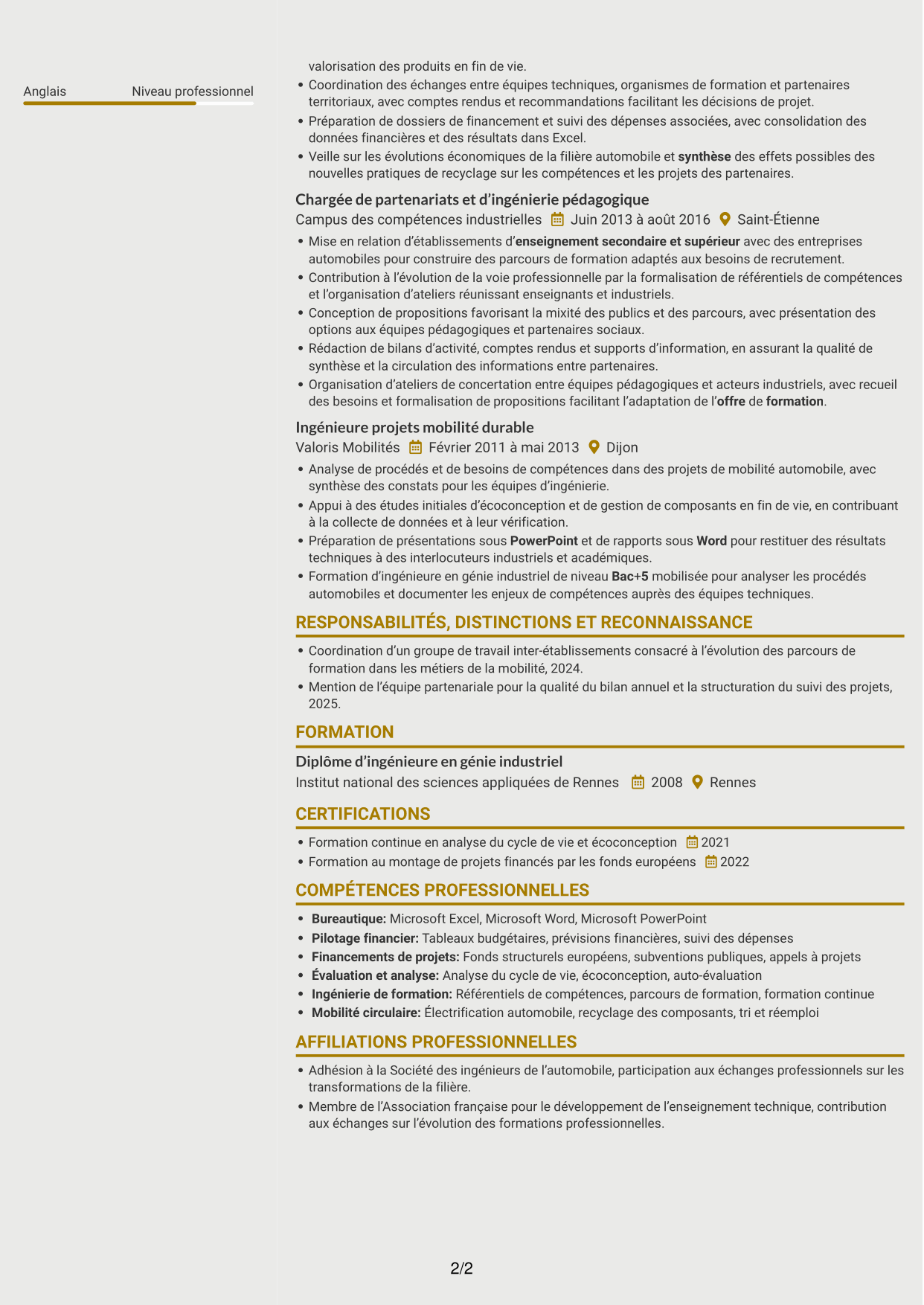 CV Dynamique (format à deux colonnes avec icônes) : Directeur opérationnel - Formation et mobilité circulaire, page 2