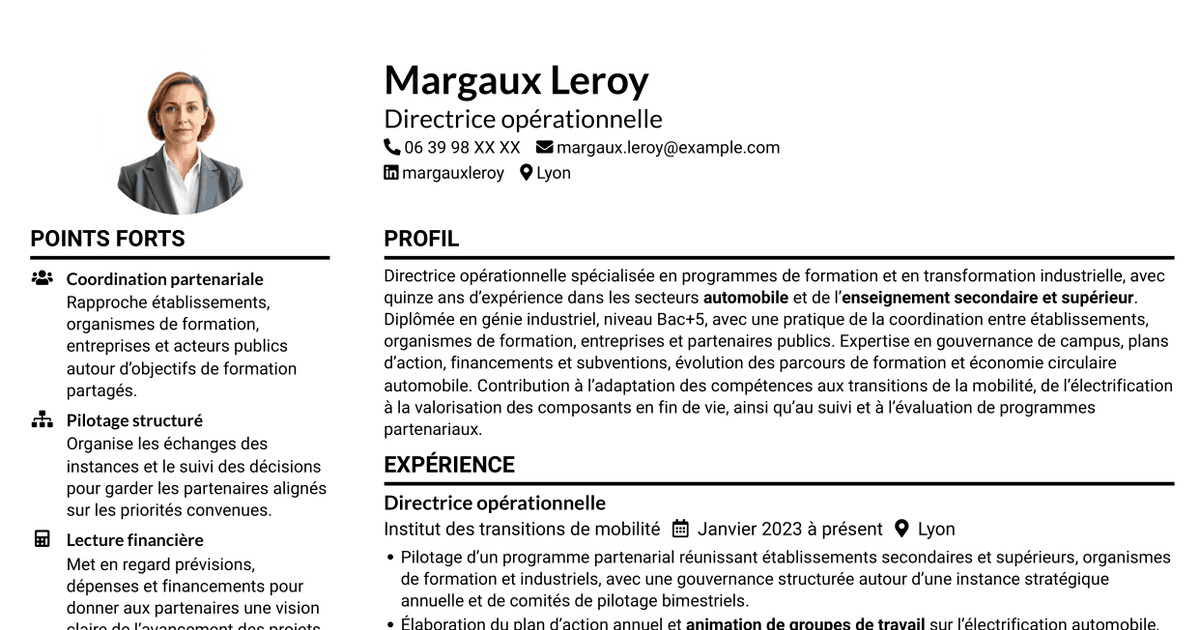 7 modèles de CV pour Directeur opérationnel - Formation et mobilité circulaire, avec exemples