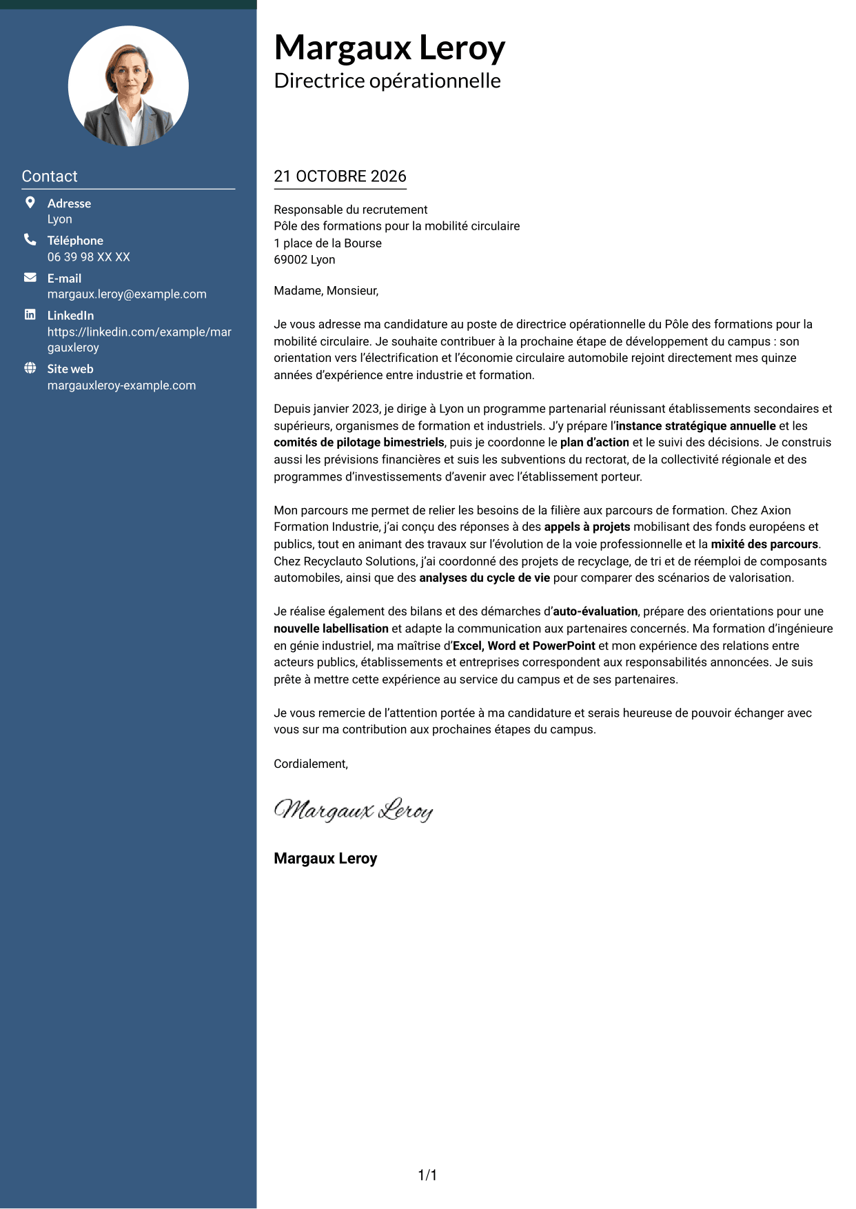 Lettre de motivation Élégant (format à colonne latérale colorée avec photo) : Directeur opérationnel - Formation et mobilité circulaire, page 1