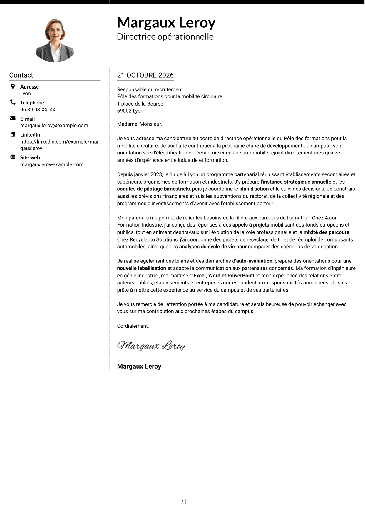 Lettre de motivation Moderne (format à deux colonnes avec photo à gauche et séparateur) : Directeur opérationnel - Formation et mobilité circulaire, page 1