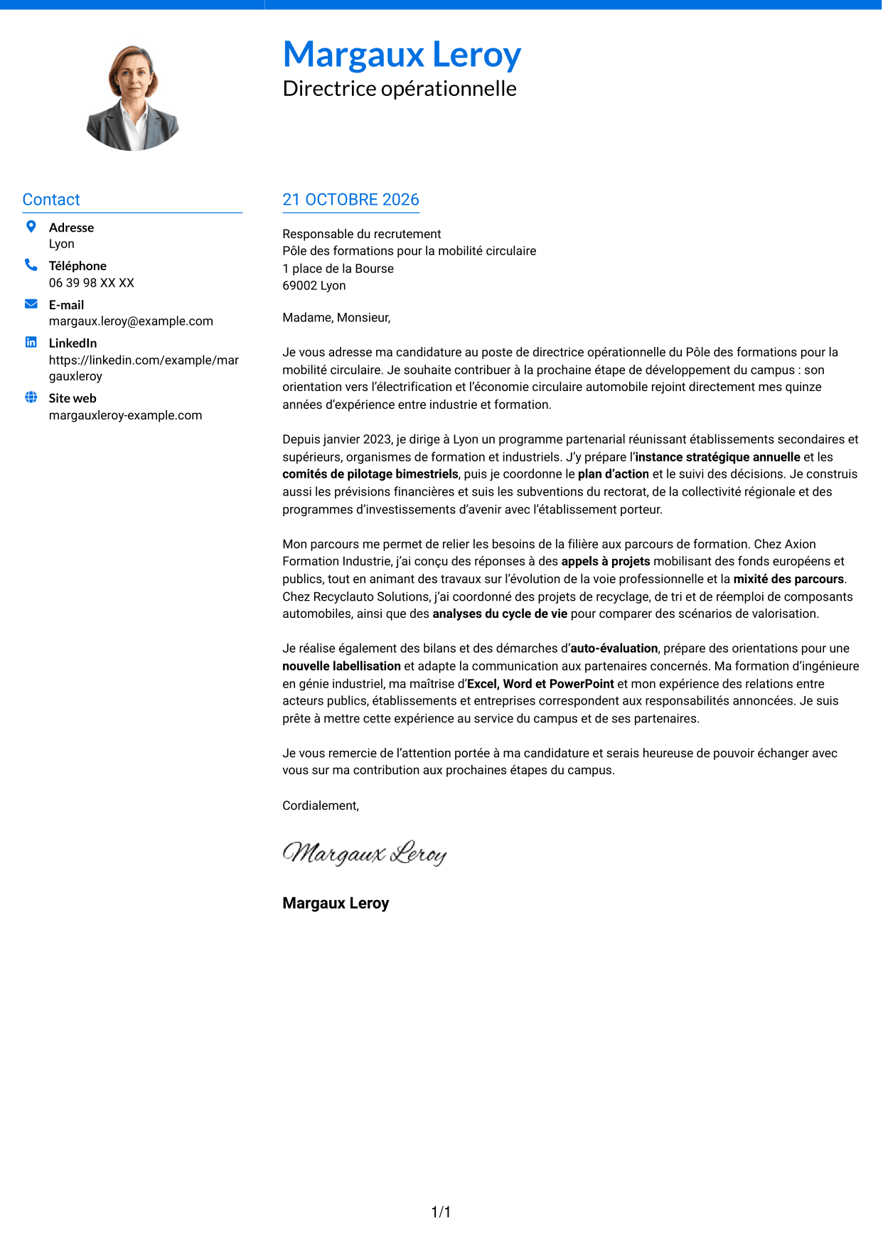 Lettre de motivation Audacieux (format à deux colonnes avec accents colorés et photo) : Directeur opérationnel - Formation et mobilité circulaire, page 1