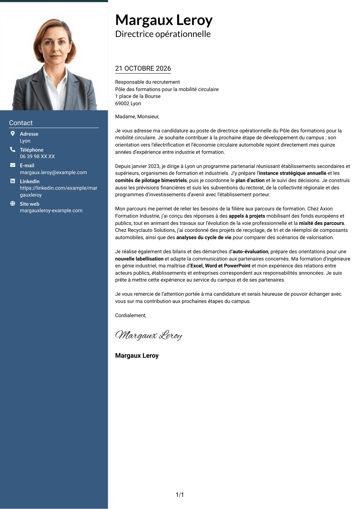 Lettre de motivation Signature (format à colonne latérale colorée avec grande photo) : Directeur opérationnel - Formation et mobilité circulaire, page 1