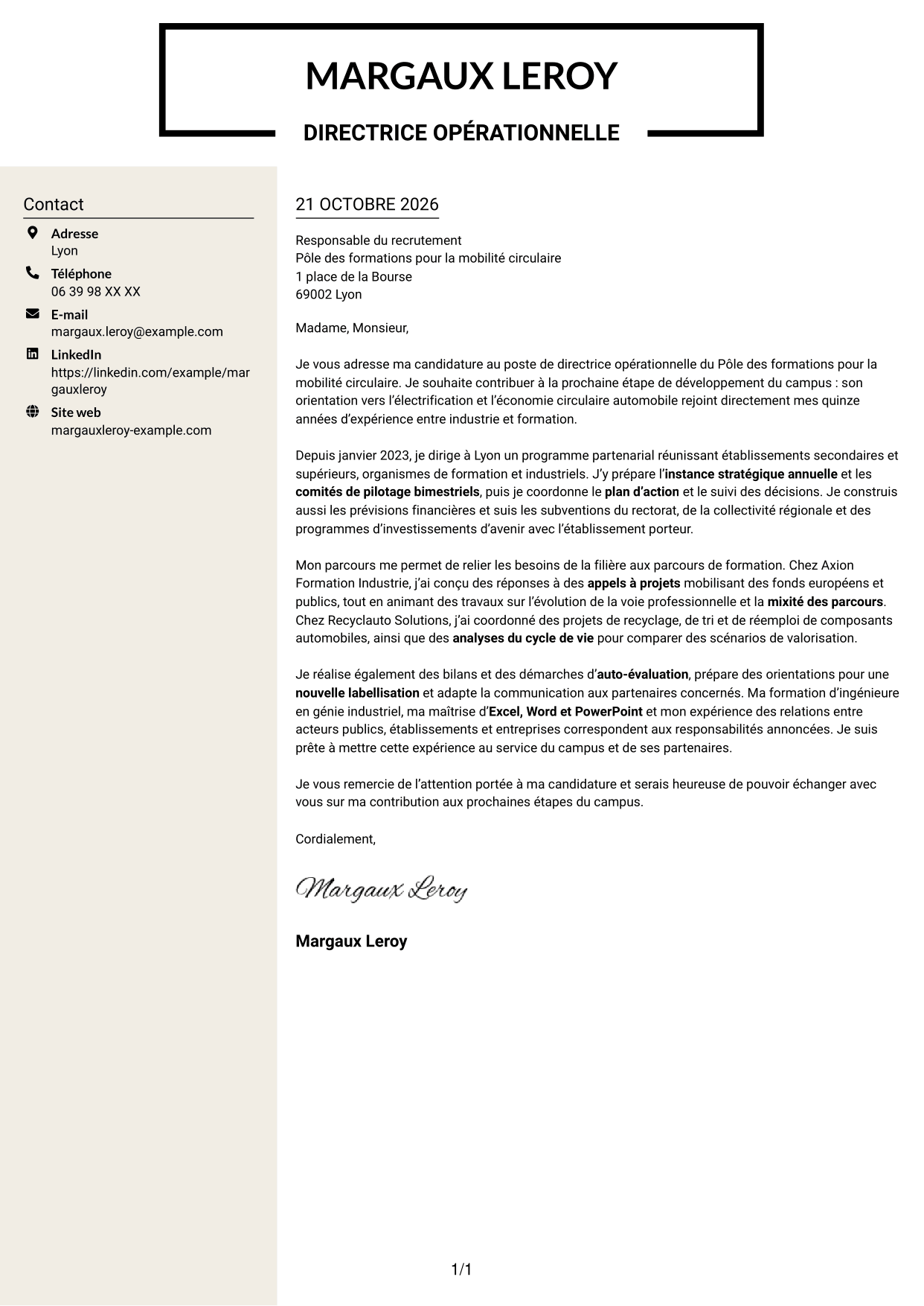 Lettre de motivation Fonceur (format à deux colonnes avec en-tête centré sans photo) : Directeur opérationnel - Formation et mobilité circulaire, page 1