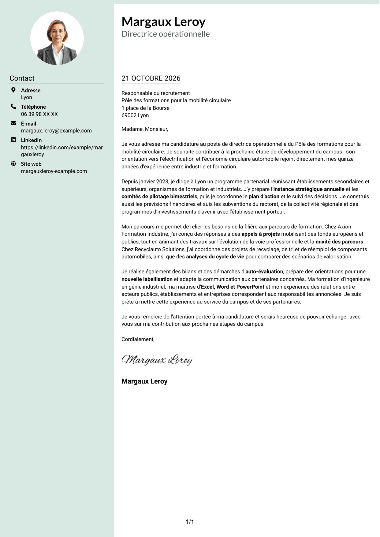 Lettre de motivation Cadre (format à colonne latérale douce avec photo arrondie) : Directeur opérationnel - Formation et mobilité circulaire, page 1