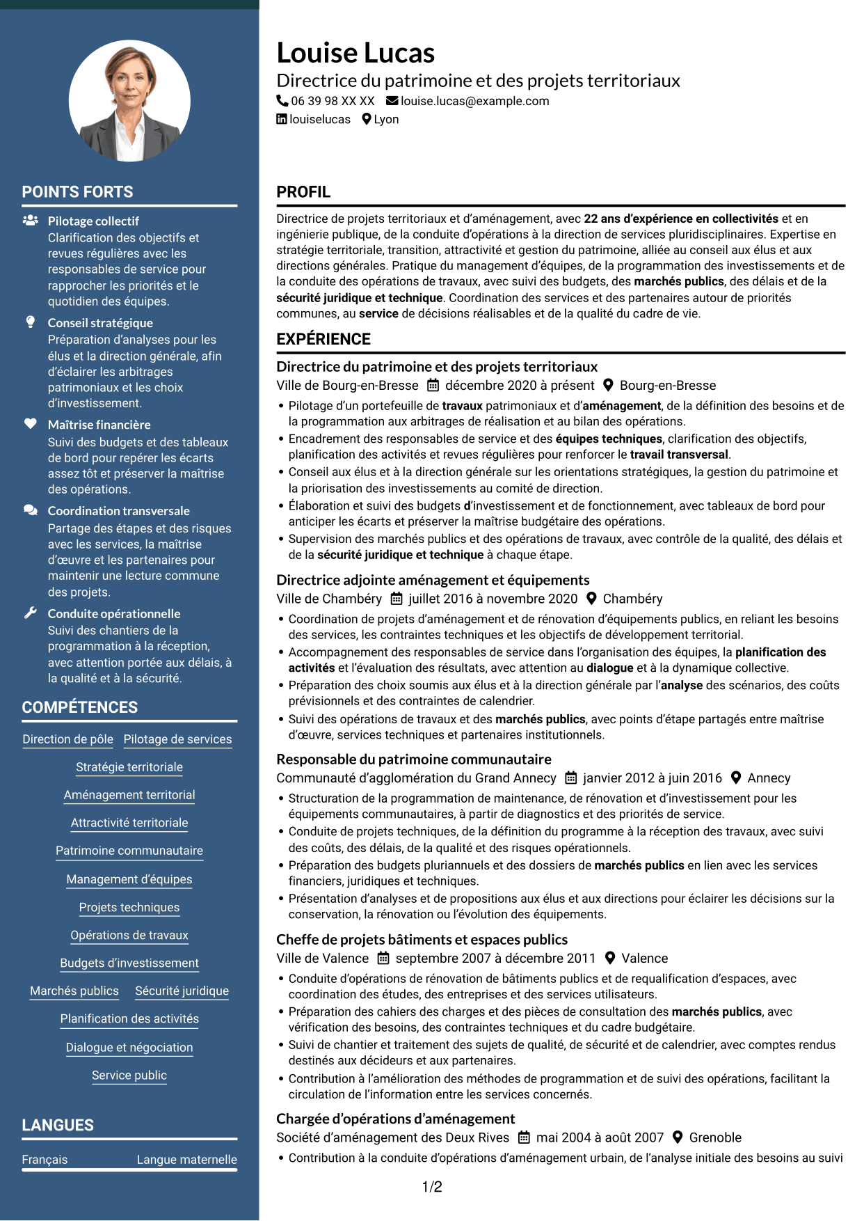 CV Élégant (format à colonne latérale colorée avec photo) : Directeur ou directrice du pôle transition, aménagement et attractivité, page 1