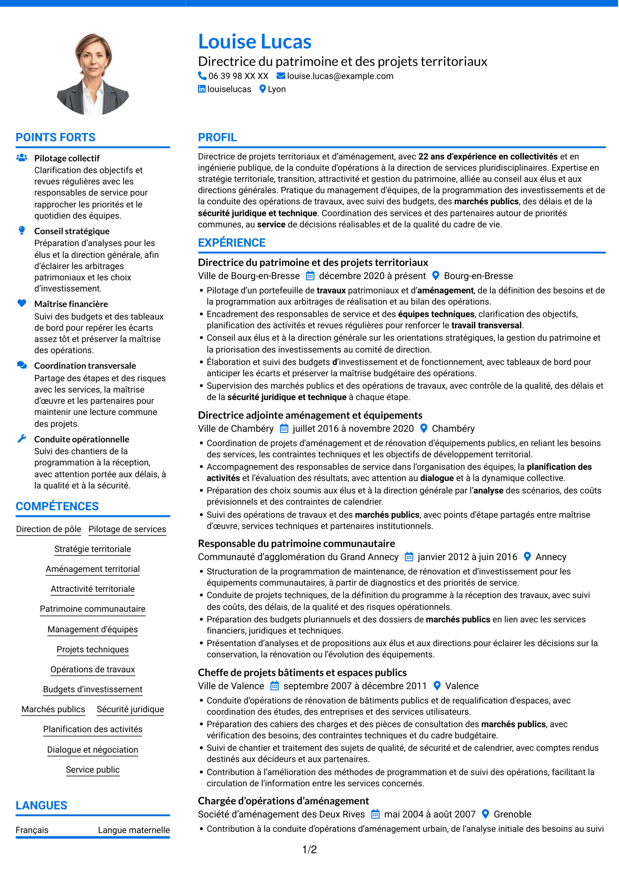 CV Audacieux (format à deux colonnes avec accents colorés et photo) : Directeur ou directrice du pôle transition, aménagement et attractivité, page 1