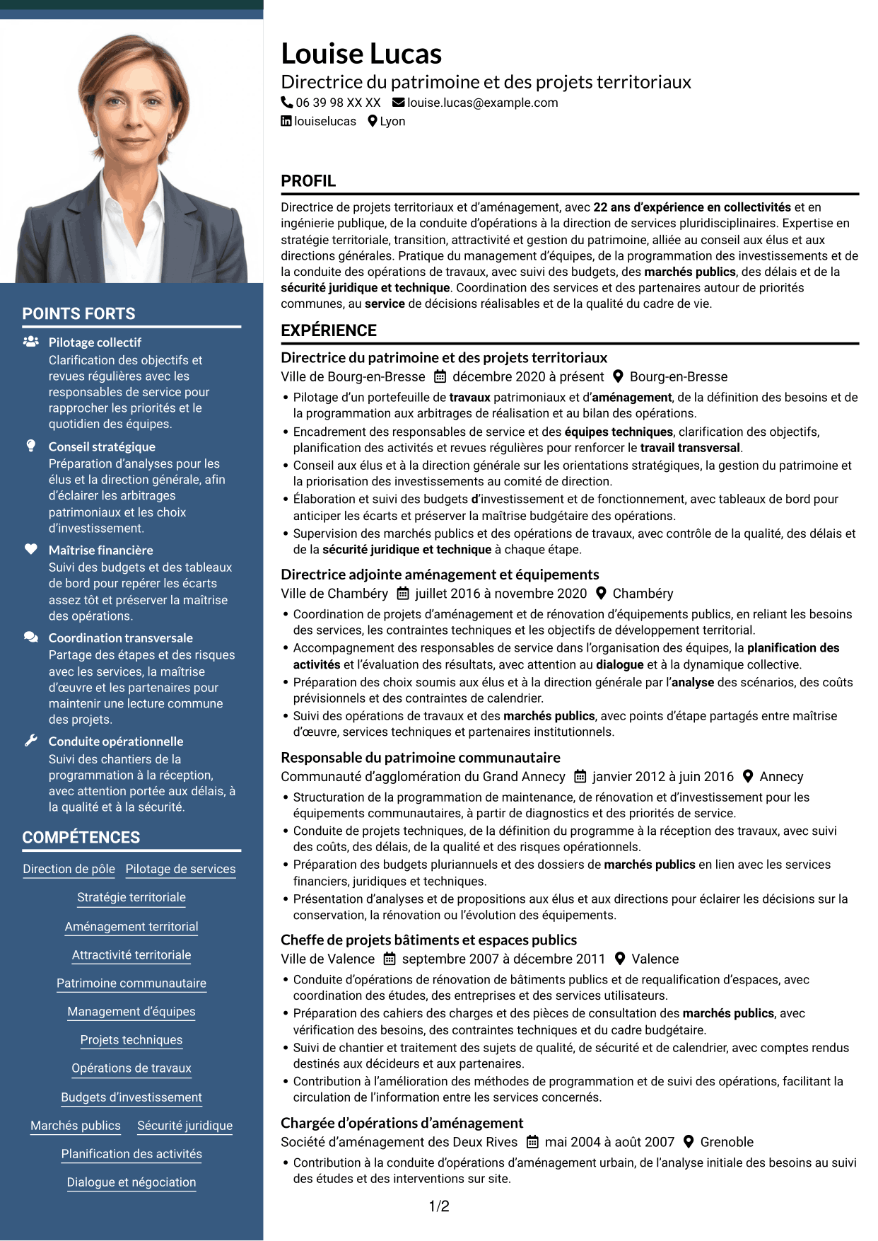 CV Signature (format à colonne latérale colorée avec grande photo) : Directeur ou directrice du pôle transition, aménagement et attractivité, page 1