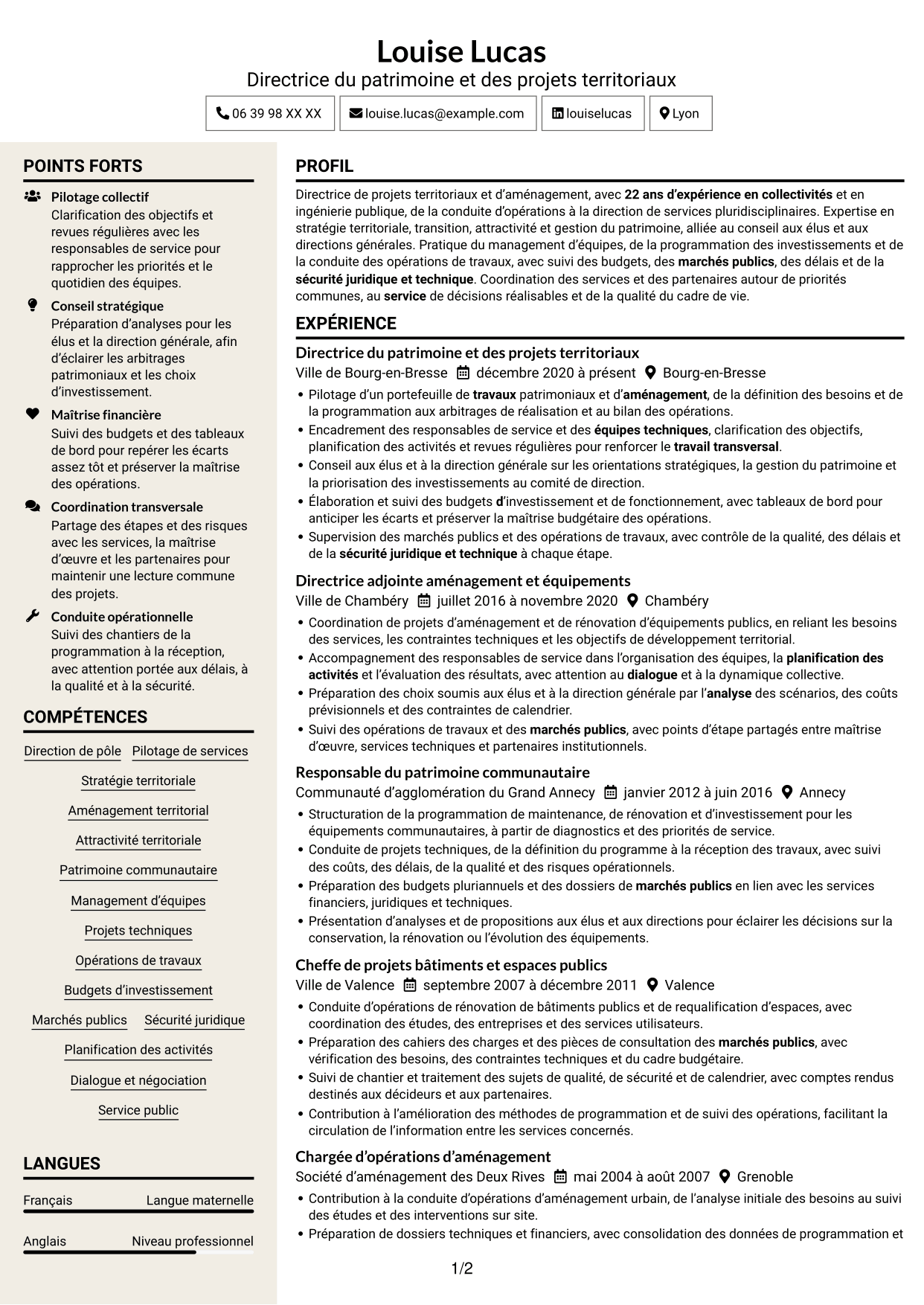 CV Fonceur (format à deux colonnes avec en-tête centré sans photo) : Directeur ou directrice du pôle transition, aménagement et attractivité, page 1