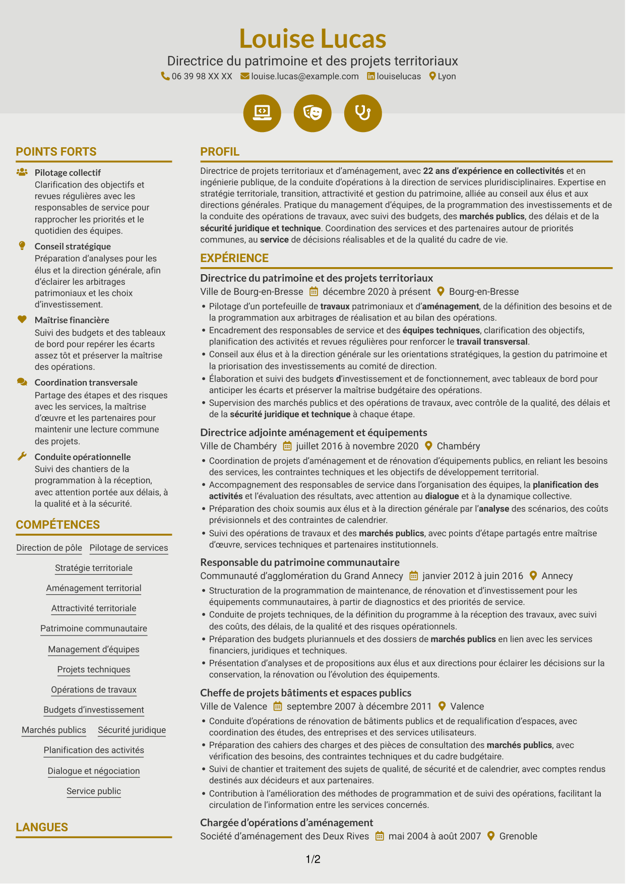 CV Dynamique (format à deux colonnes avec icônes) : Directeur ou directrice du pôle transition, aménagement et attractivité, page 1