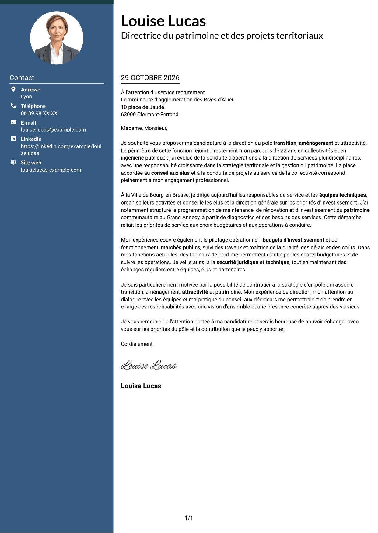 Lettre de motivation Élégant (format à colonne latérale colorée avec photo) : Directeur ou directrice du pôle transition, aménagement et attractivité, page 1