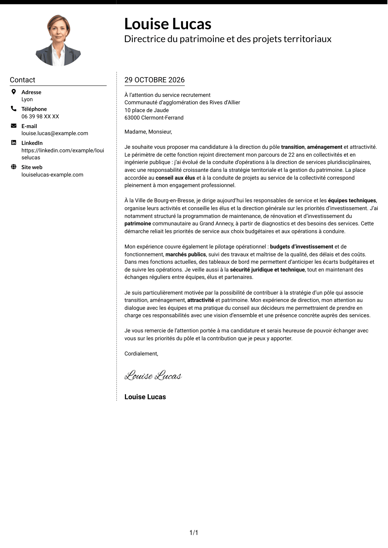 Lettre de motivation Moderne (format à deux colonnes avec photo à gauche et séparateur) : Directeur ou directrice du pôle transition, aménagement et attractivité, page 1